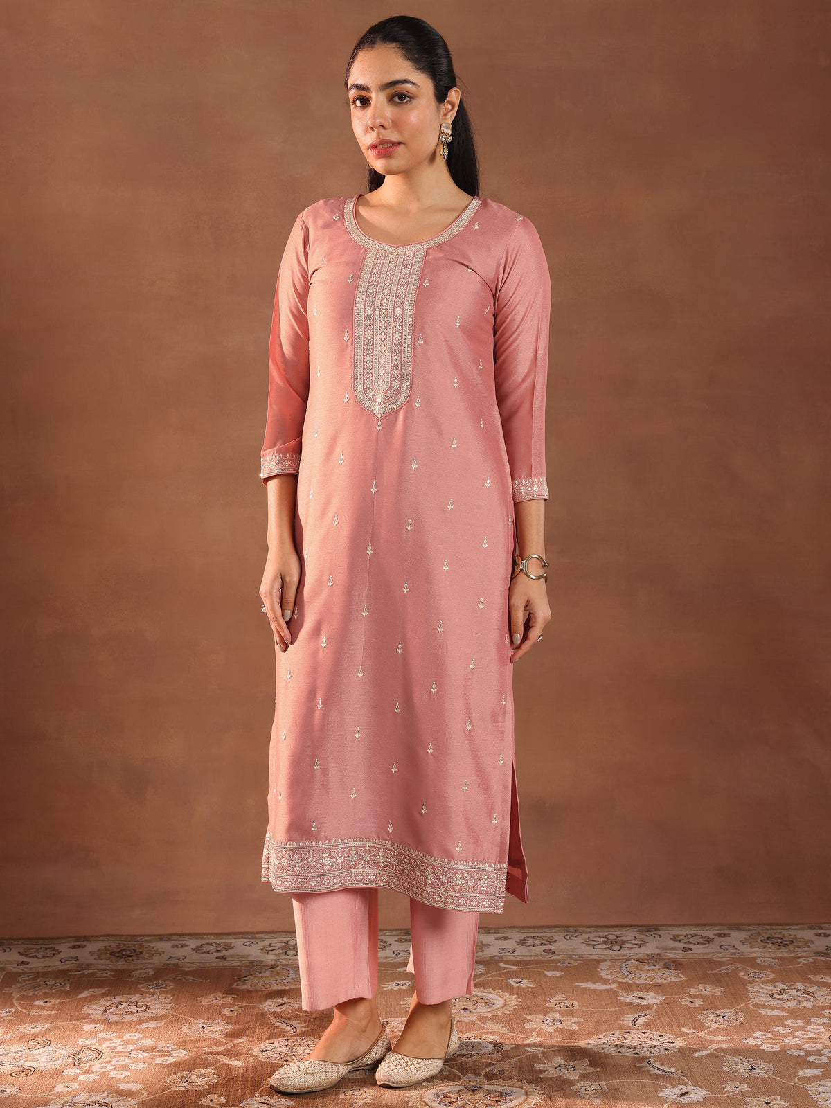 Libas Peach Embroidered Silk Blend Straight Suit With Dupatta
