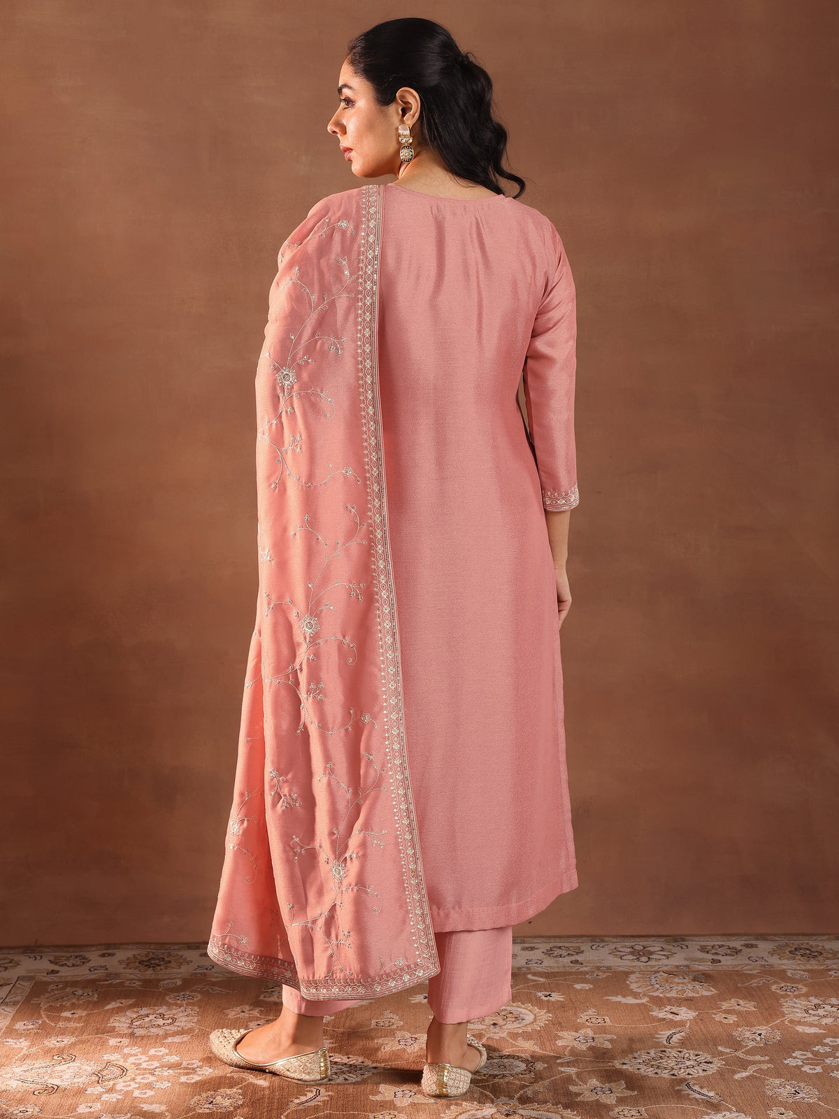 Libas Peach Embroidered Silk Blend Straight Suit With Dupatta