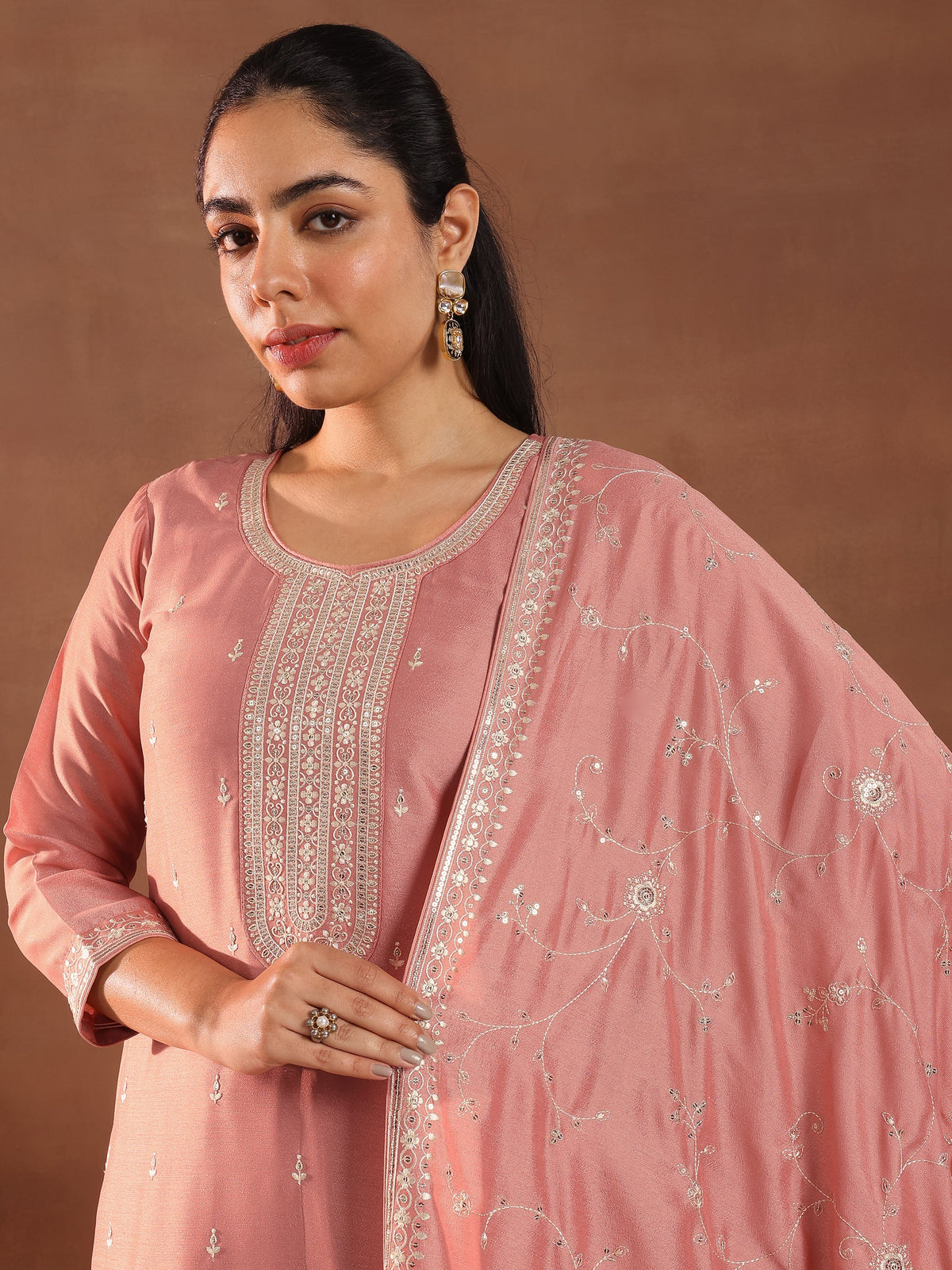 Libas Peach Embroidered Silk Blend Straight Suit With Dupatta