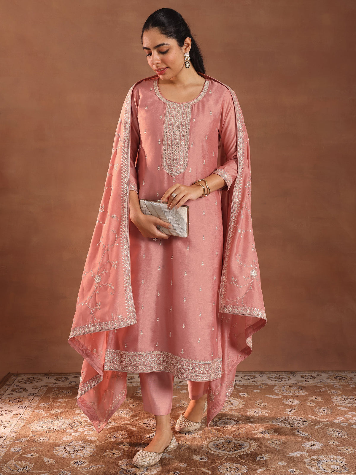 Libas Peach Embroidered Silk Blend Straight Suit With Dupatta
