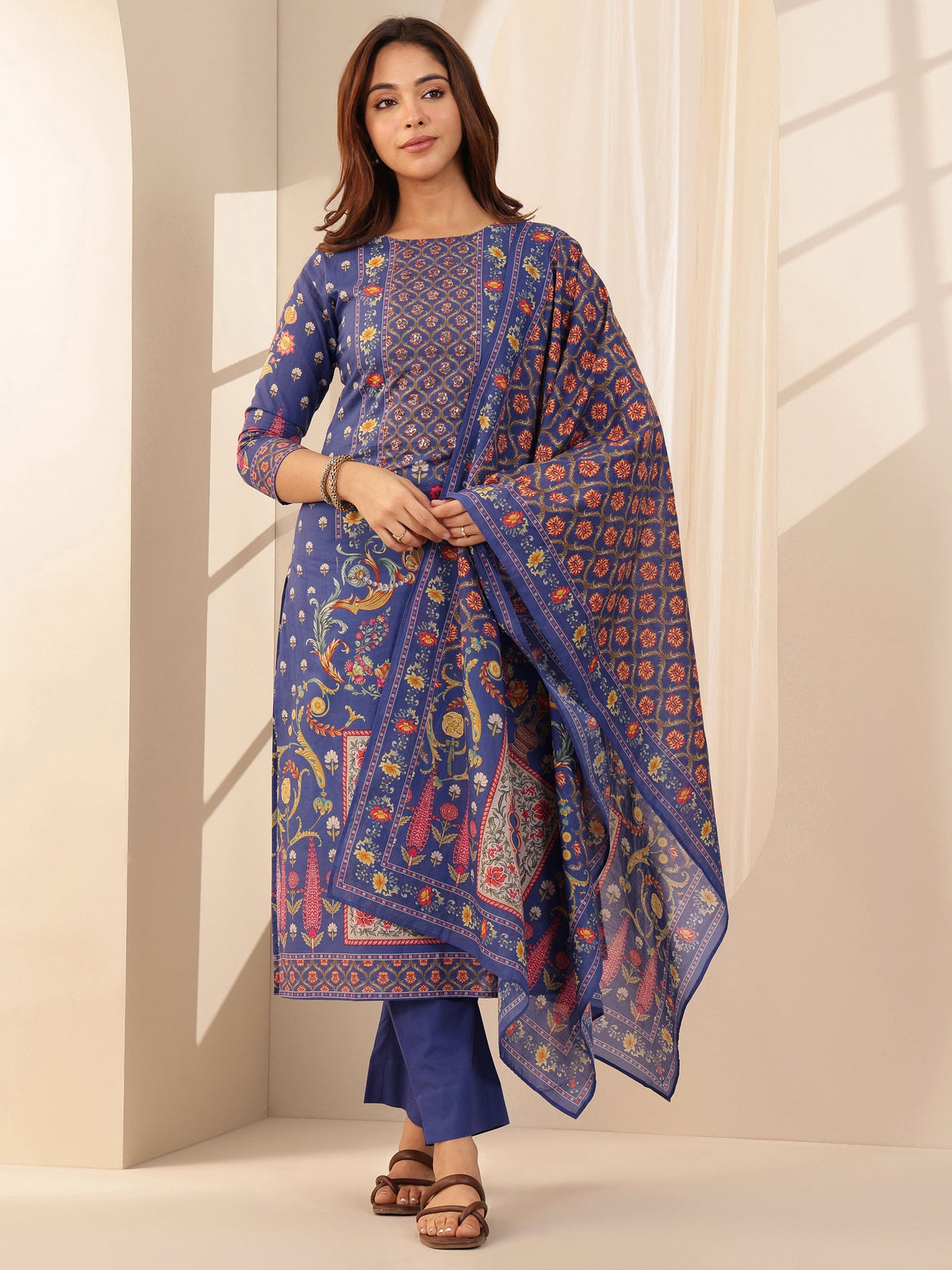 Libas Blue Printed Cotton Straight Suit Sets With Dupatta