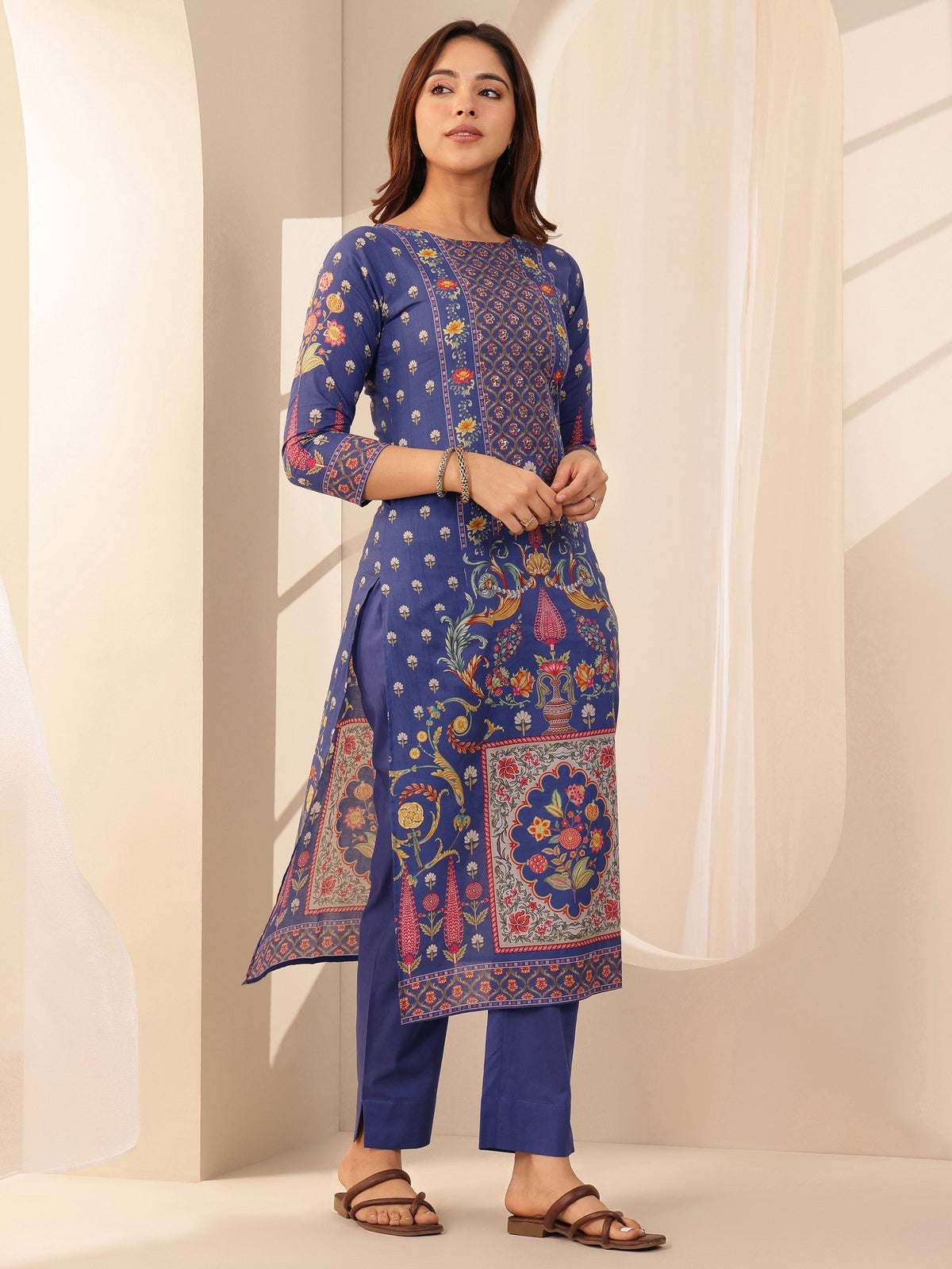 Libas Blue Printed Cotton Straight Suit Sets With Dupatta