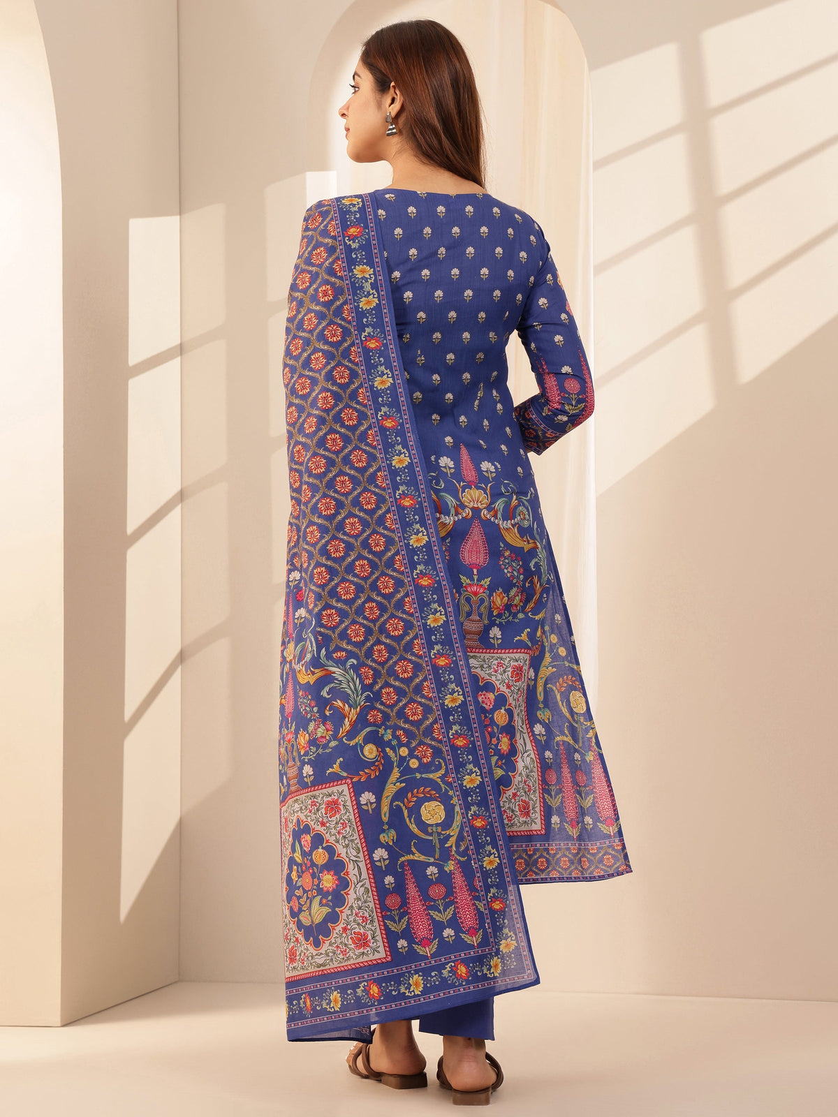 Libas Blue Printed Cotton Straight Suit Sets With Dupatta