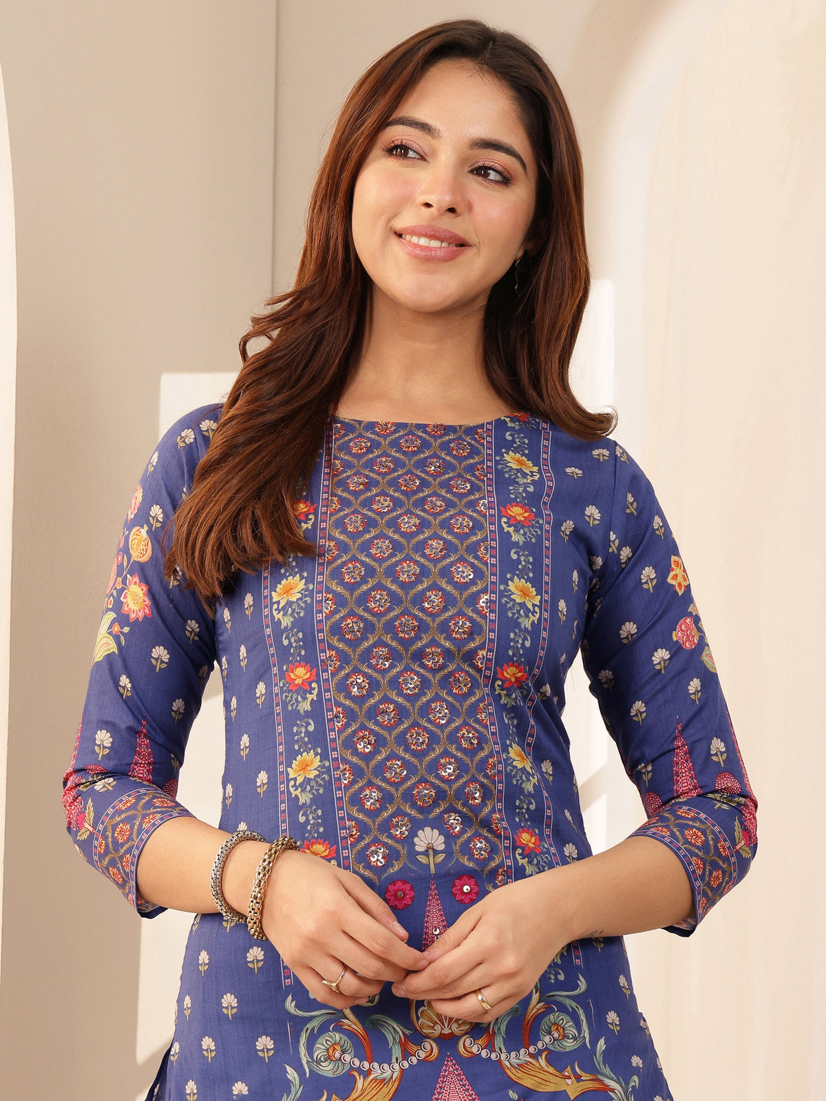 Libas Blue Printed Cotton Straight Suit Sets With Dupatta