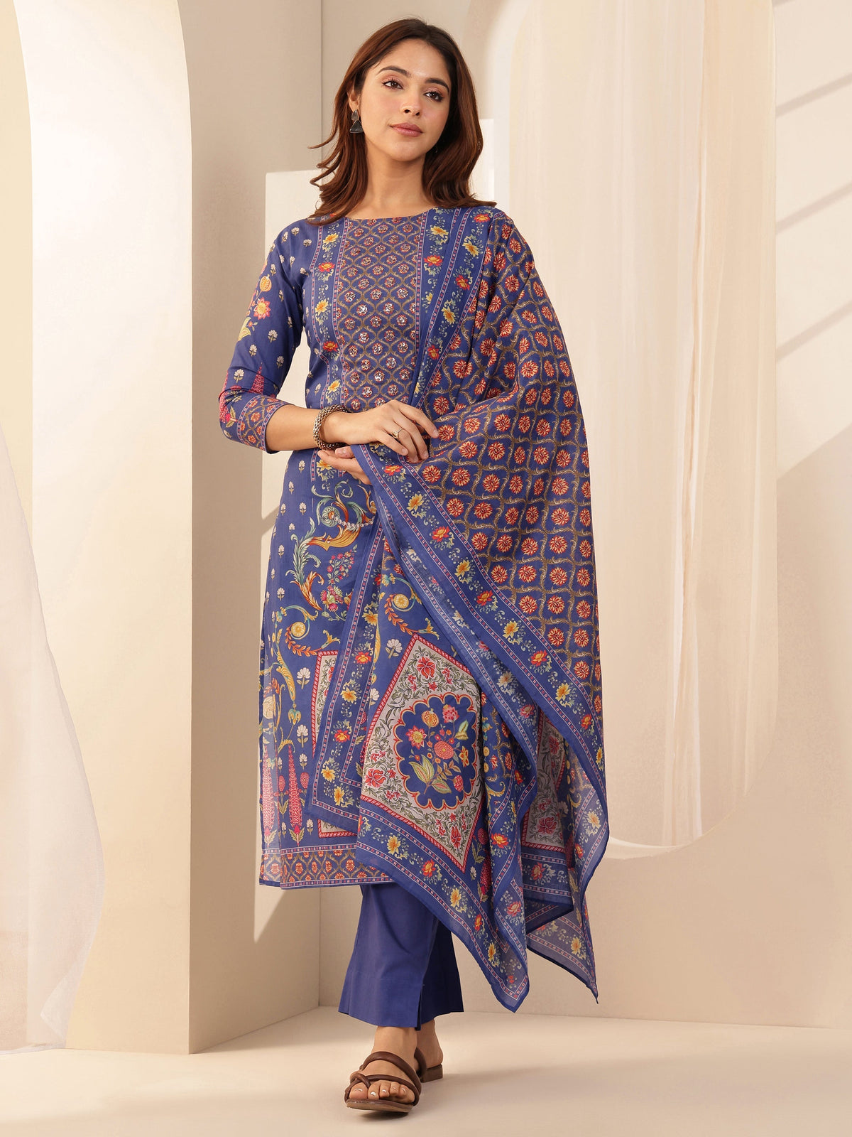 Libas Blue Printed Cotton Straight Suit Sets With Dupatta