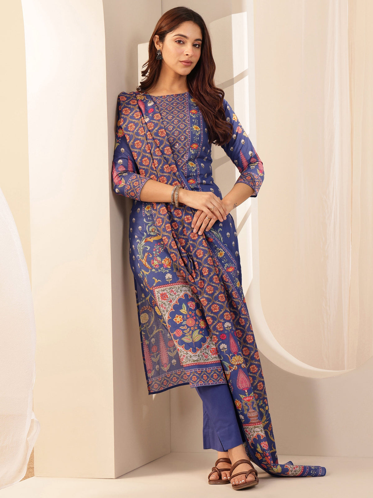 Libas Blue Printed Cotton Straight Suit Sets With Dupatta