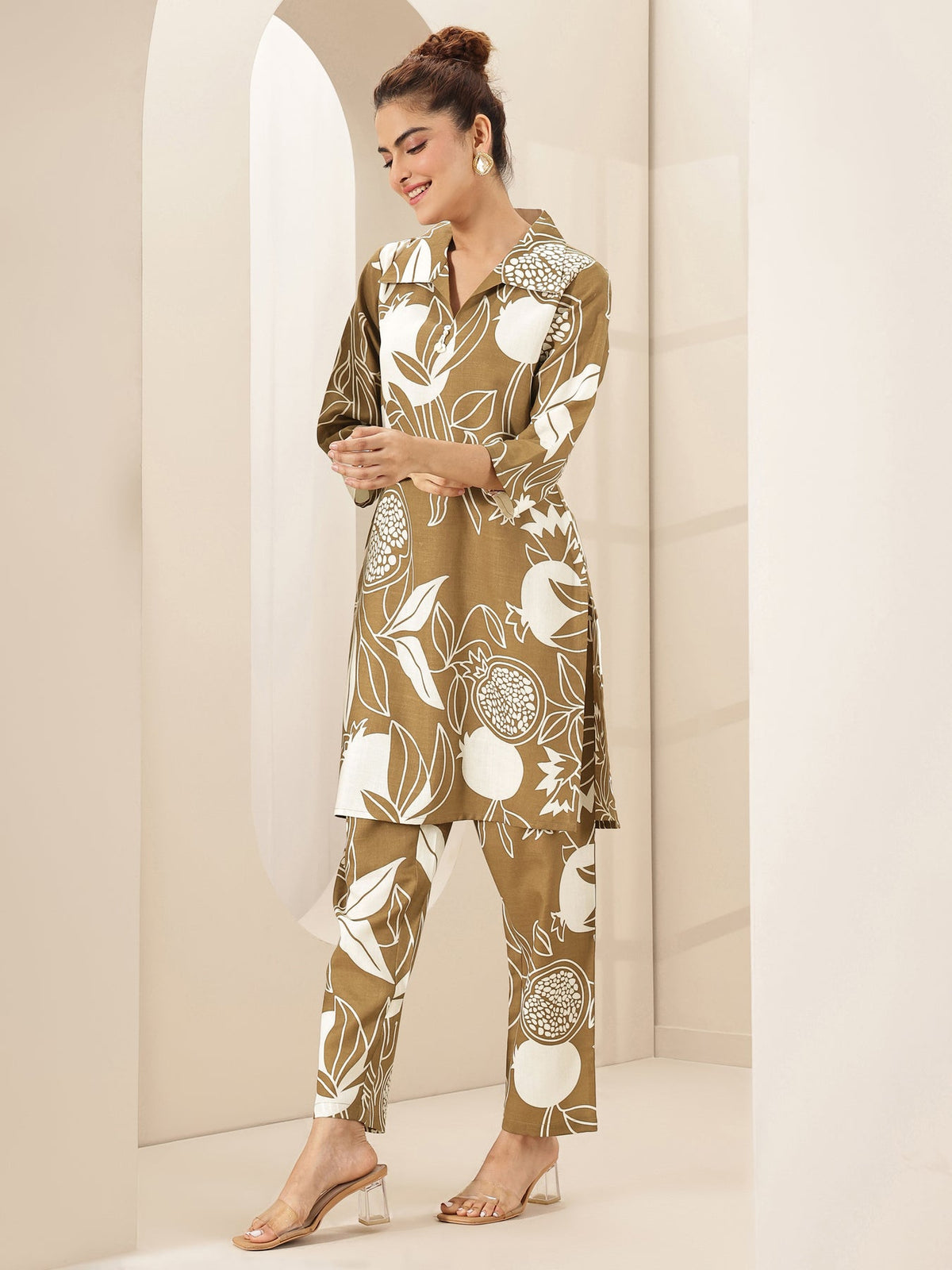 Libas Brown Printed Cotton Blend Co-Ord Sets CO87