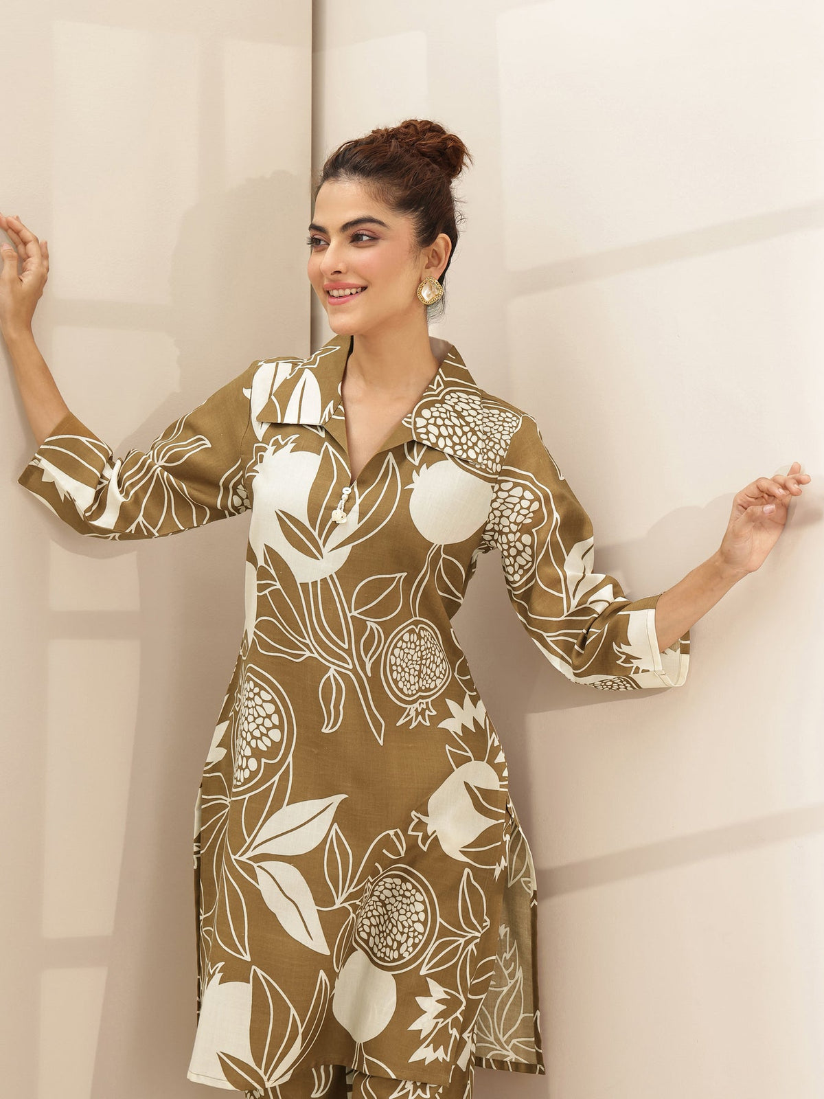 Libas Brown Printed Cotton Blend Co-Ord Sets CO87