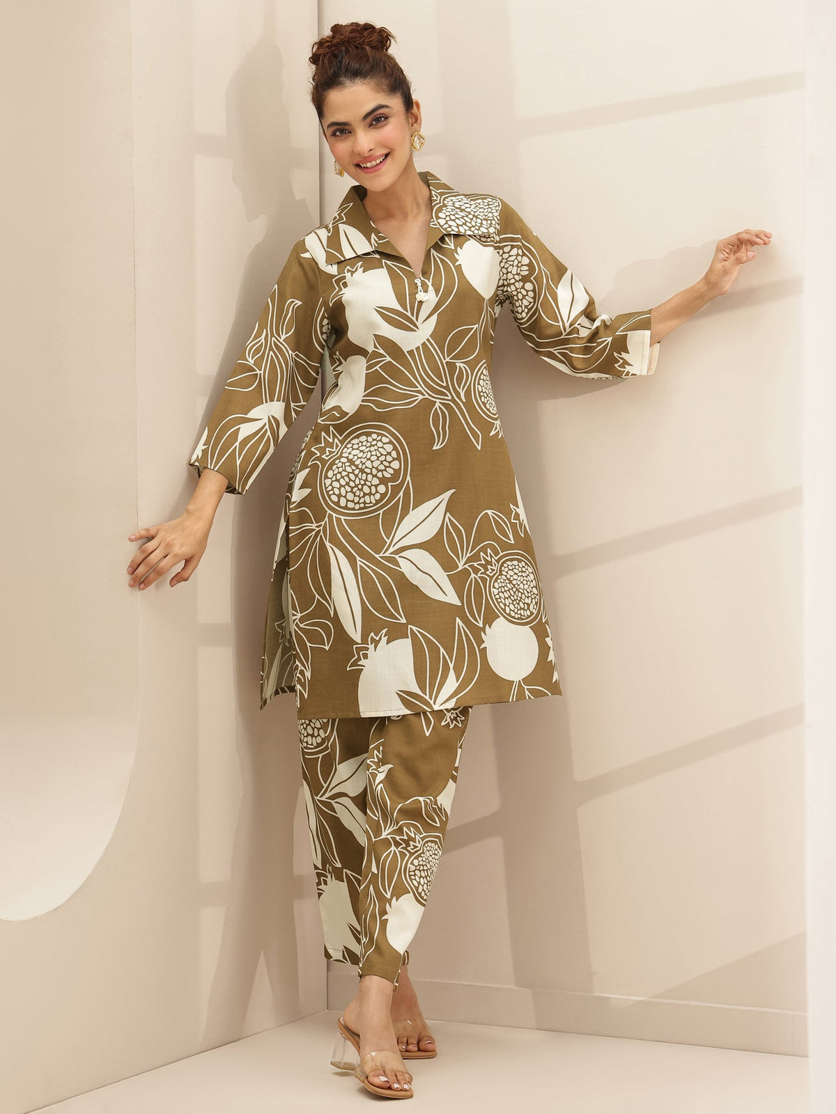 Libas Brown Printed Cotton Blend Co-Ord Sets CO87
