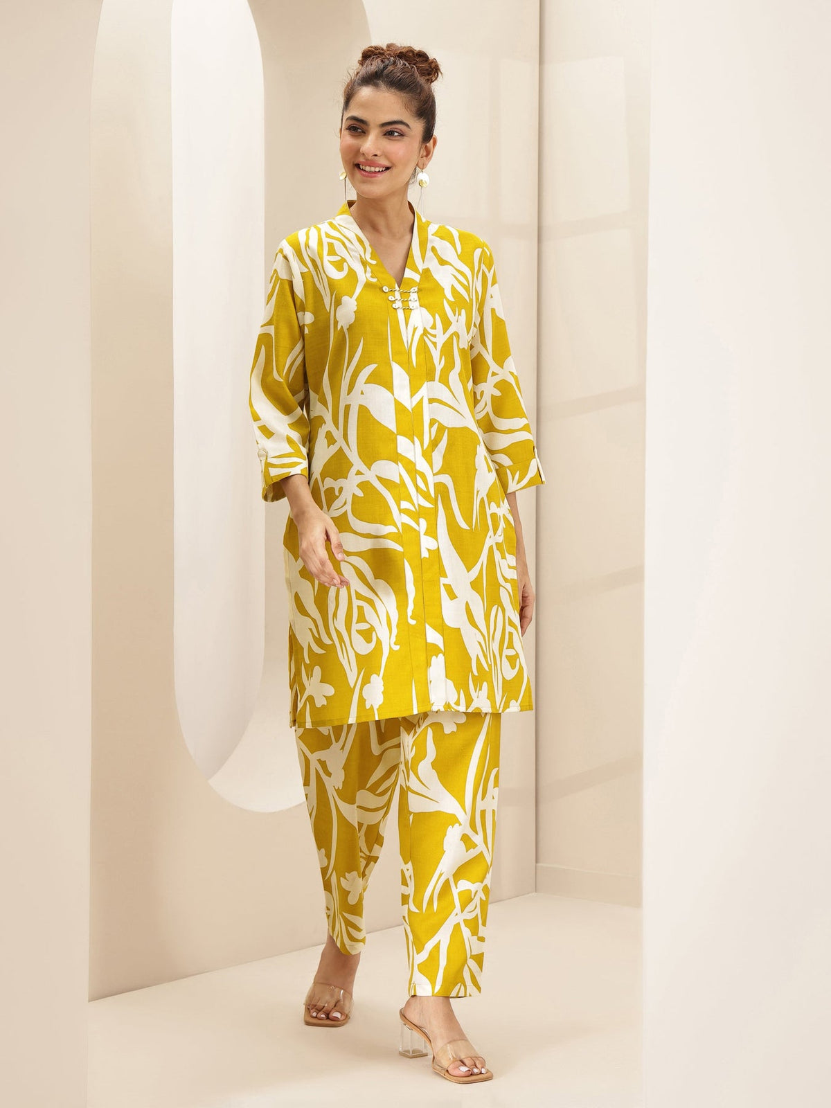 Libas Mustard Printed Cotton Blend Co-Ord Sets CO87