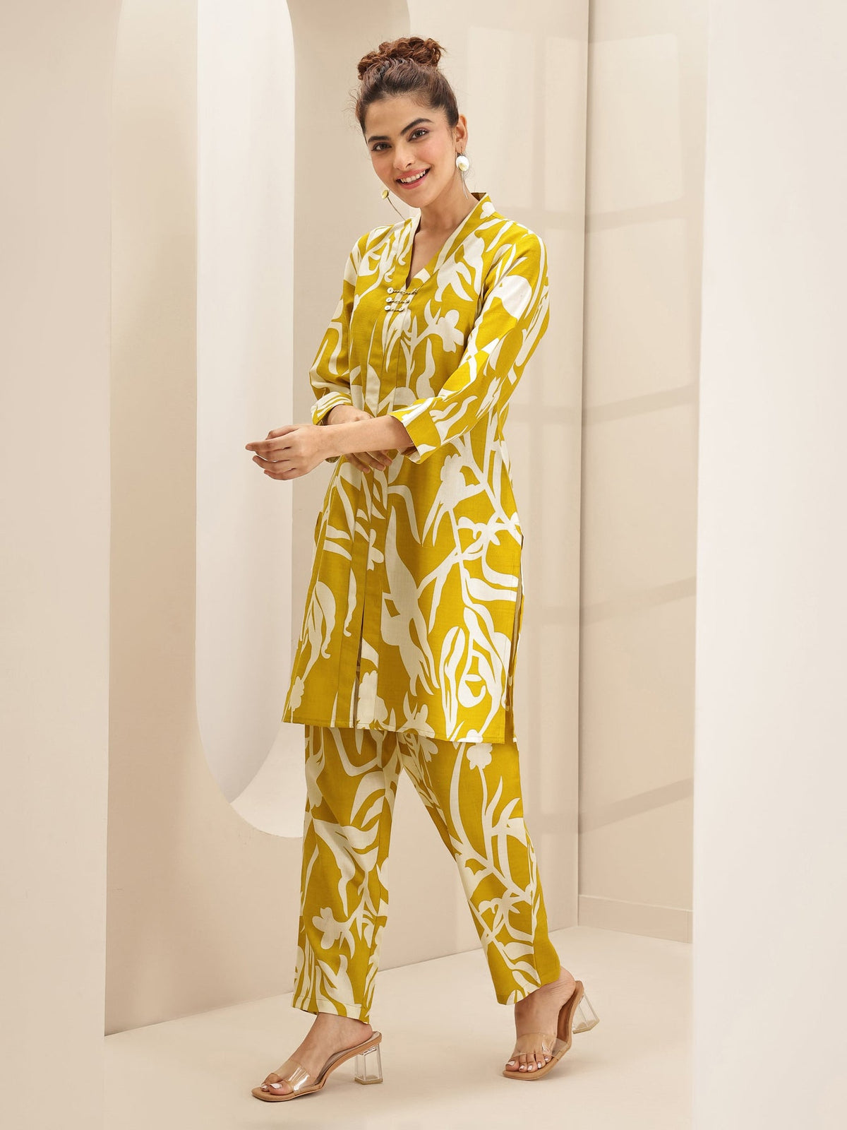 Libas Mustard Printed Cotton Blend Co-Ord Sets CO87