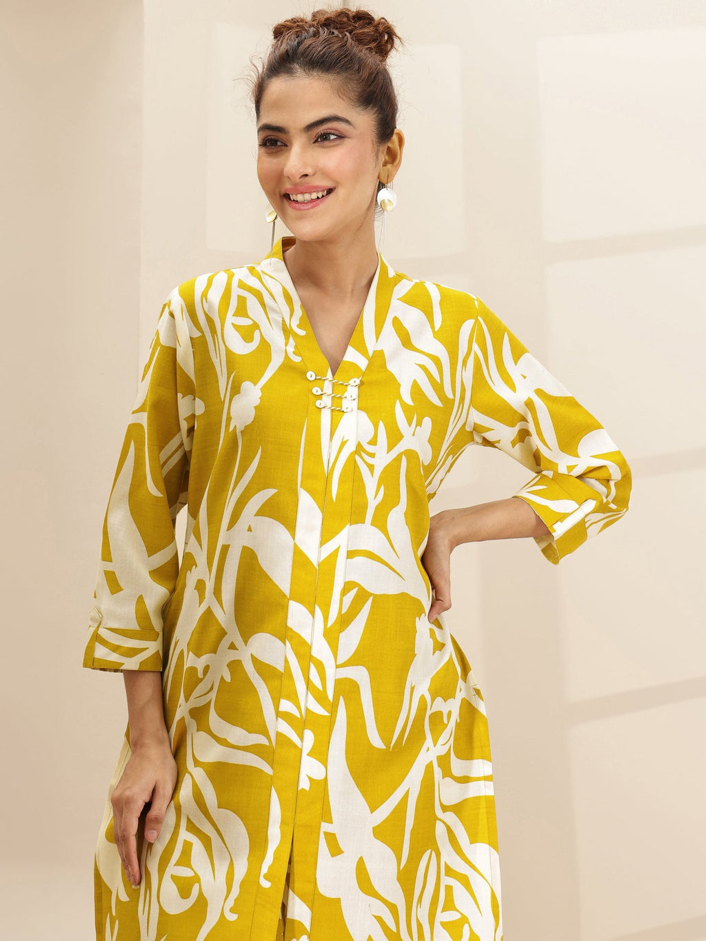 Libas Mustard Printed Cotton Blend Co-Ord Sets CO87