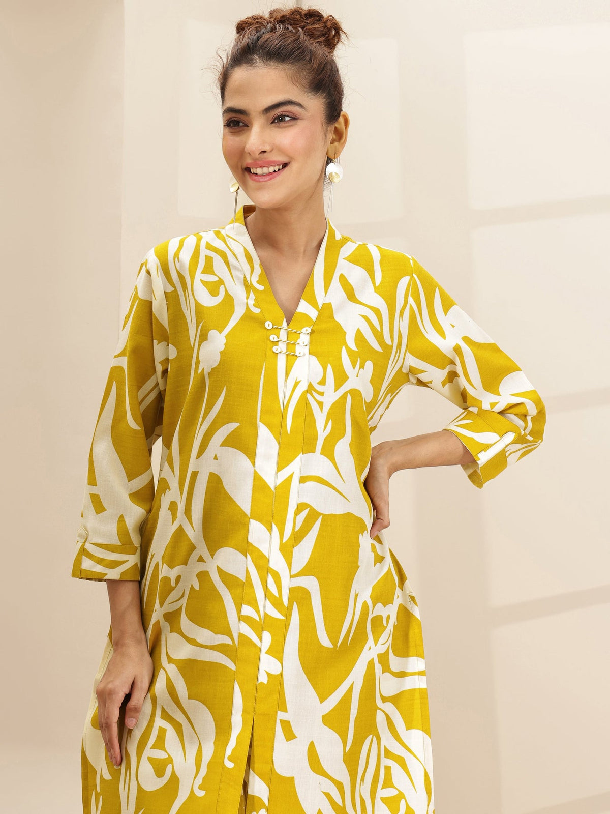 Libas Mustard Printed Cotton Blend Co-Ord Sets CO87