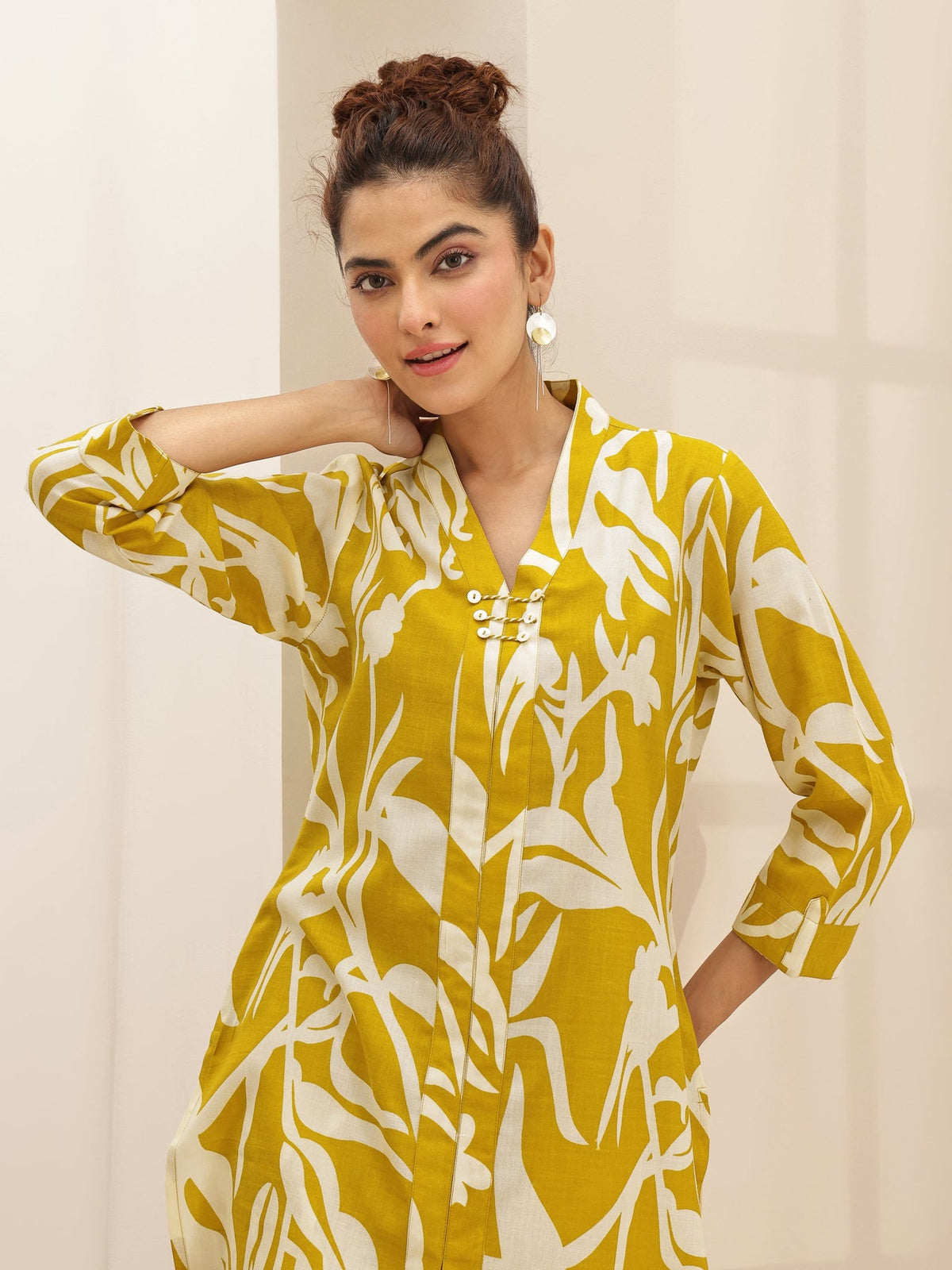 Libas Mustard Printed Cotton Blend Co-Ord Sets CO87