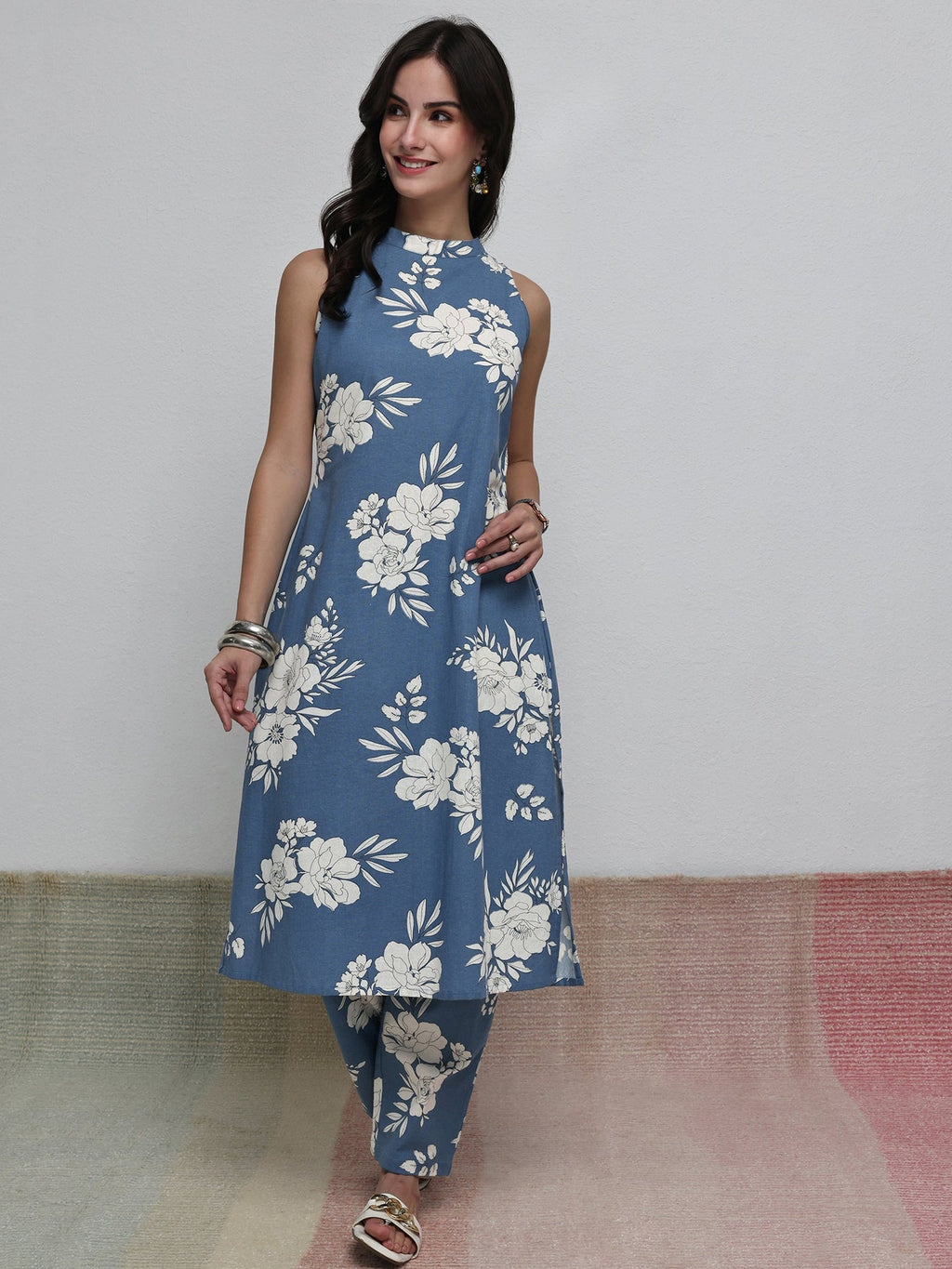 Libas Blue Floral Printed Cotton Blend Co-Ord Set CO87