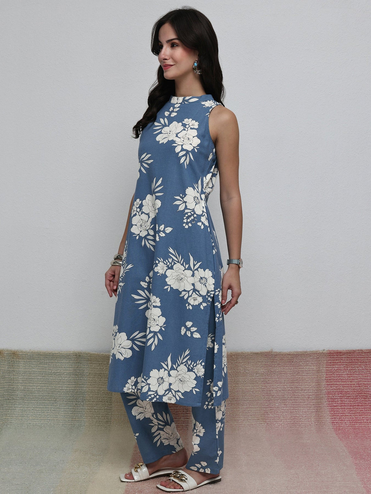 Libas Blue Floral Printed Cotton Blend Co-Ord Set CO87