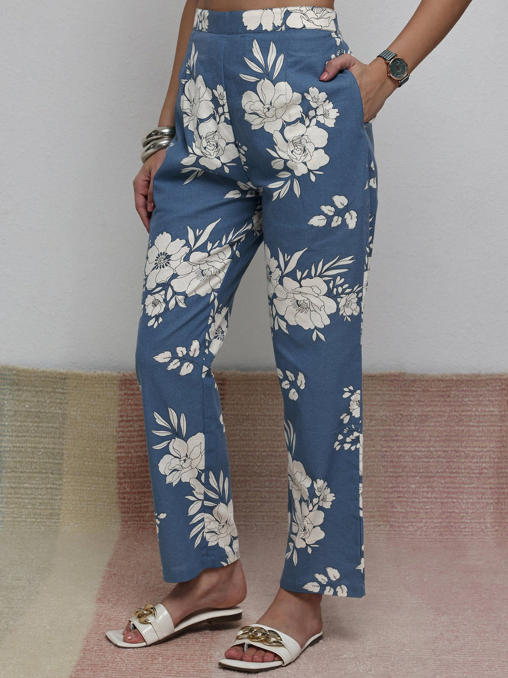 Libas Blue Floral Printed Cotton Blend Co-Ord Set CO87