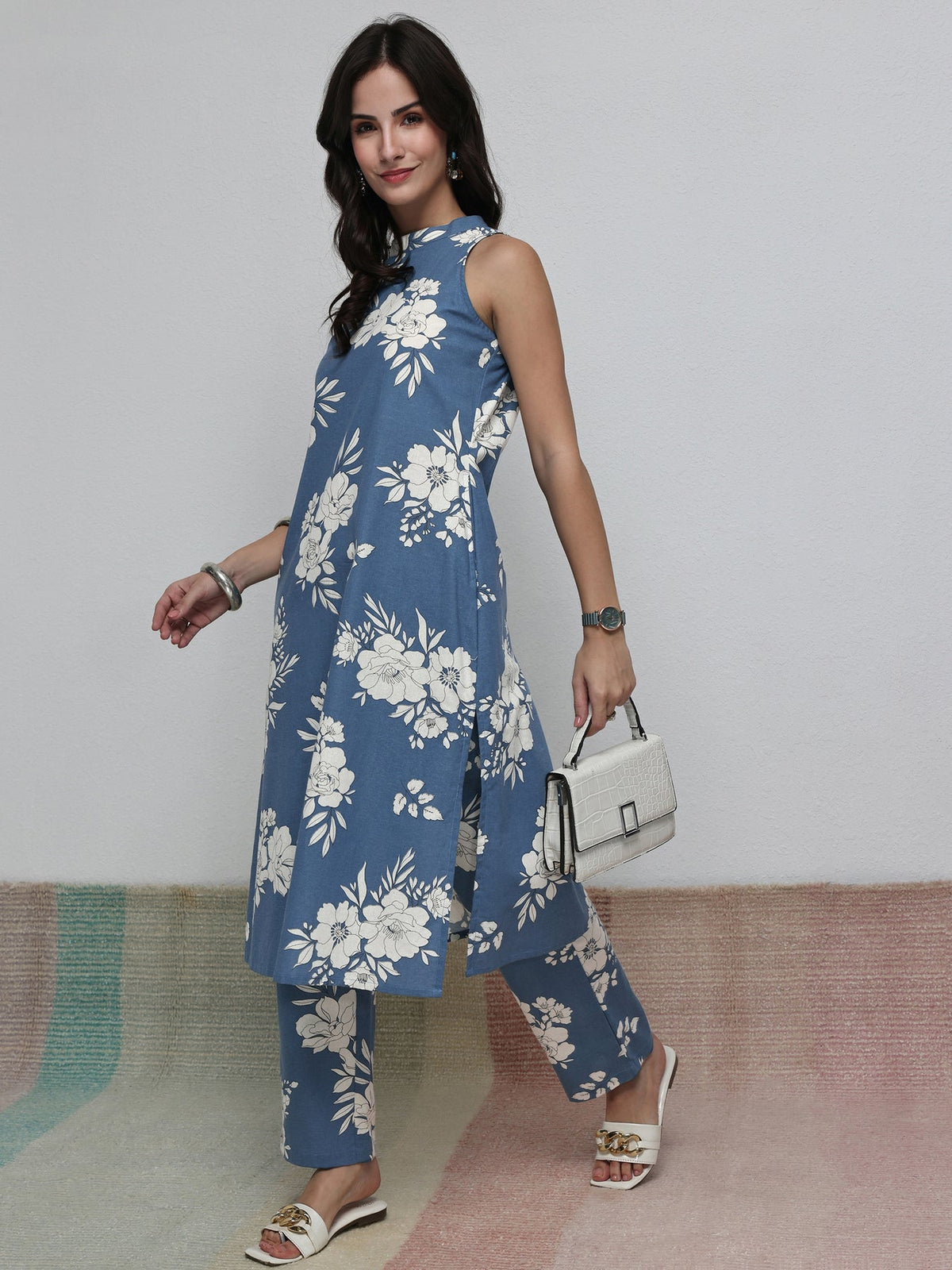 Libas Blue Floral Printed Cotton Blend Co-Ord Set CO87