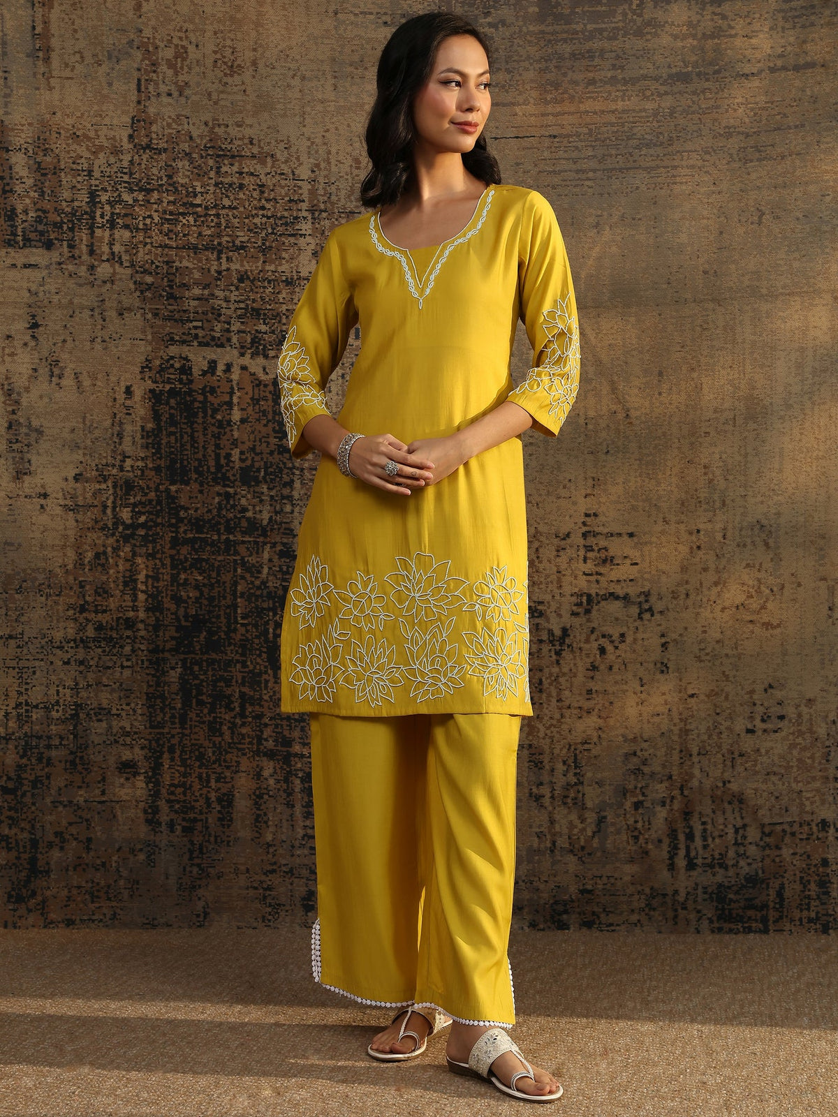 Libas Yellow Printed Silk Blend Co-Ord Set CO87