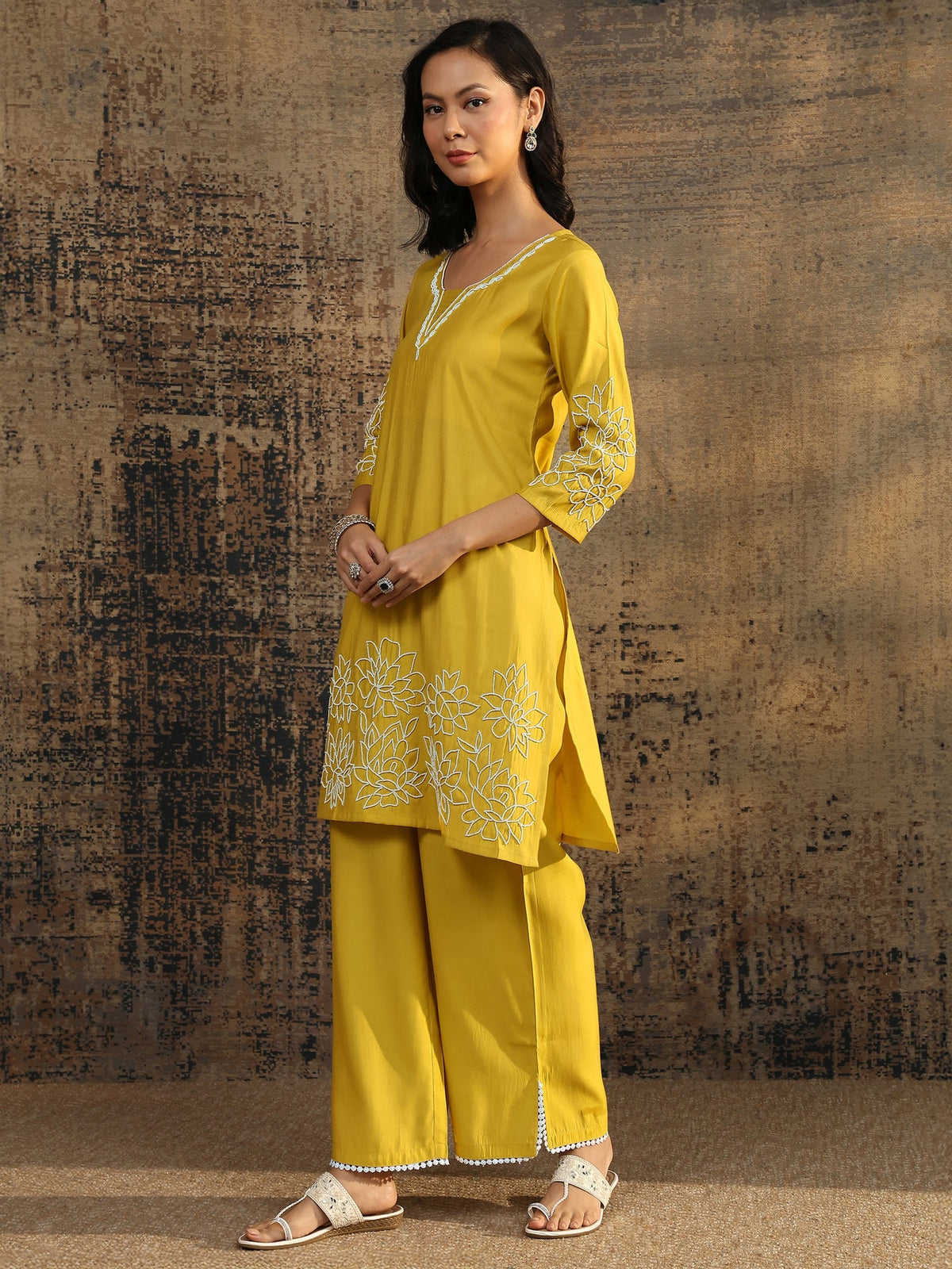 Libas Yellow Printed Silk Blend Co-Ord Set CO87