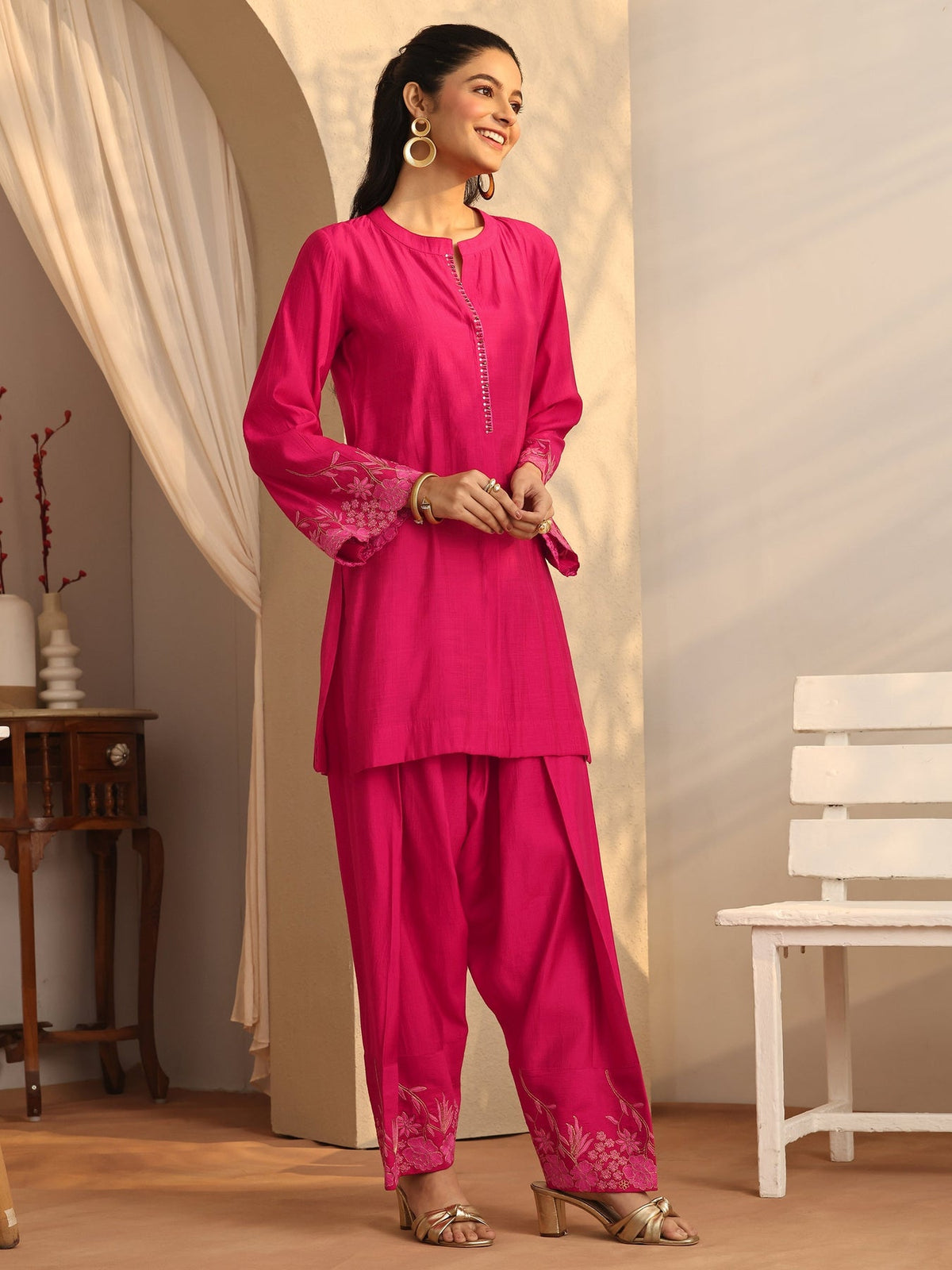 Libas Pink Embroidered Silk Blend Co-Ord Sets CO87