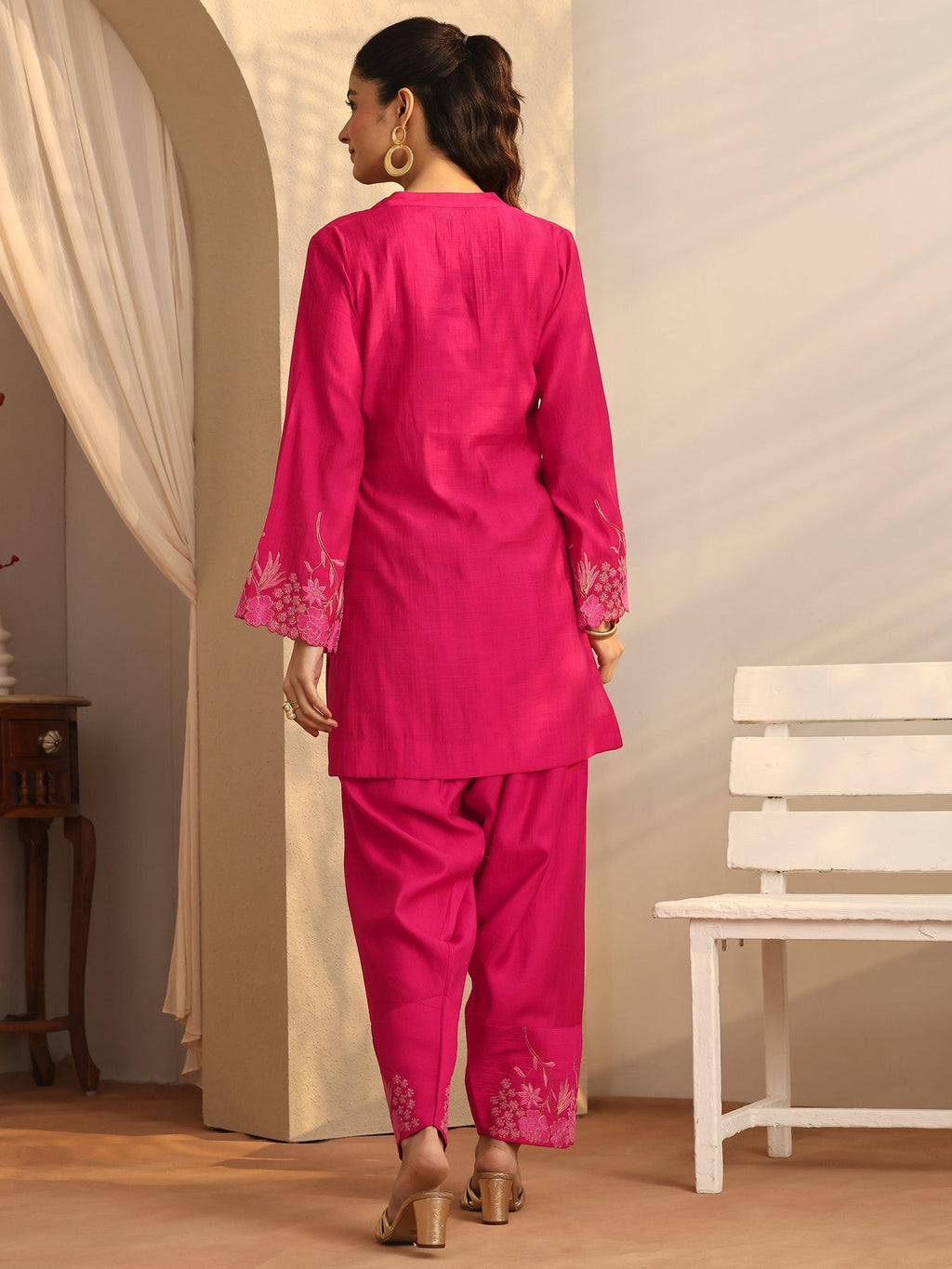 Libas Pink Embroidered Silk Blend Co-Ord Sets CO87