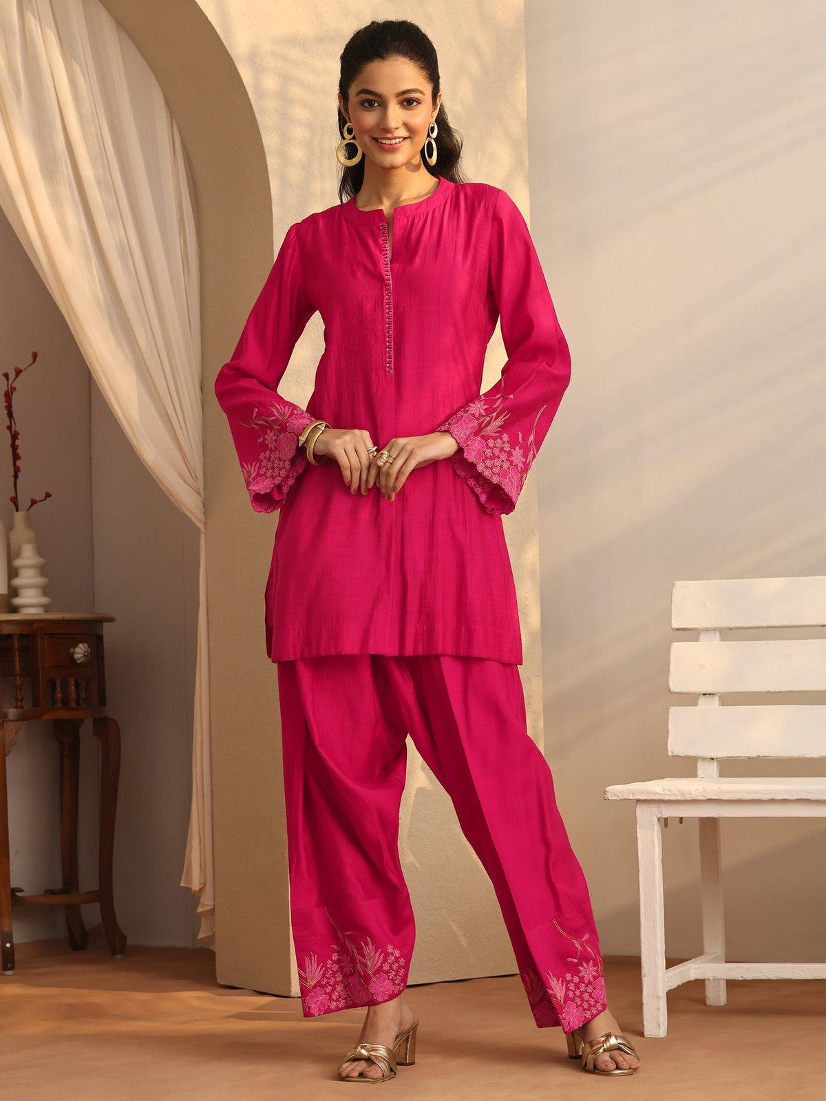 Libas Pink Embroidered Silk Blend Co-Ord Sets CO87