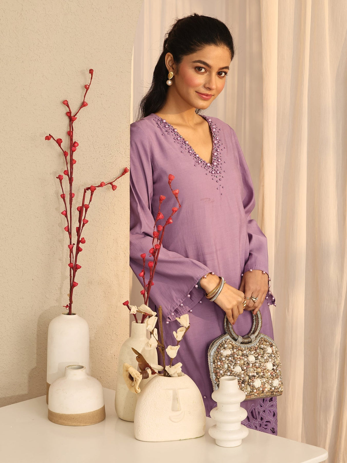 Libas Mauve Embellished Silk Blend Co-Ord Sets CO87