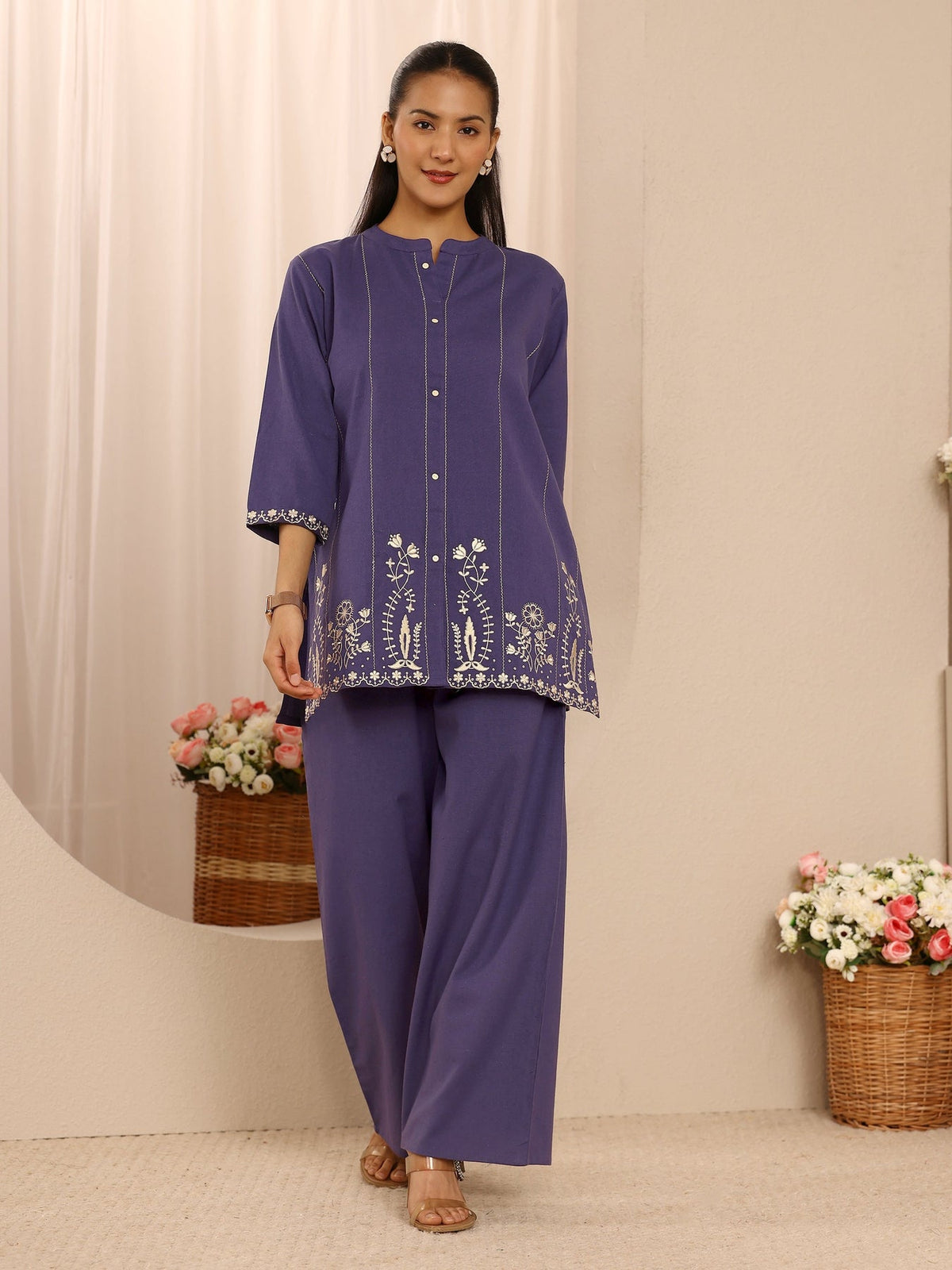 Libas Purple Floral Embroidered Cotton Blend Co-Ord Set CO87