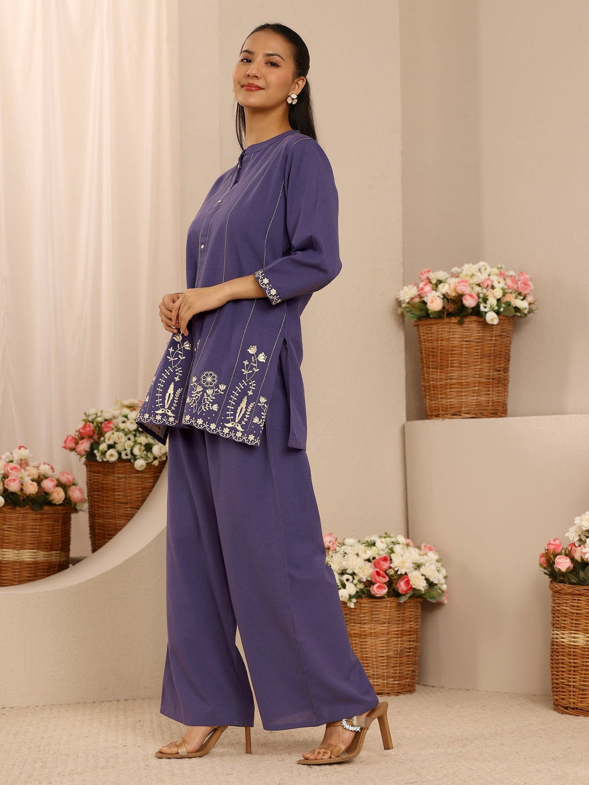 Libas Purple Floral Embroidered Cotton Blend Co-Ord Set CO87