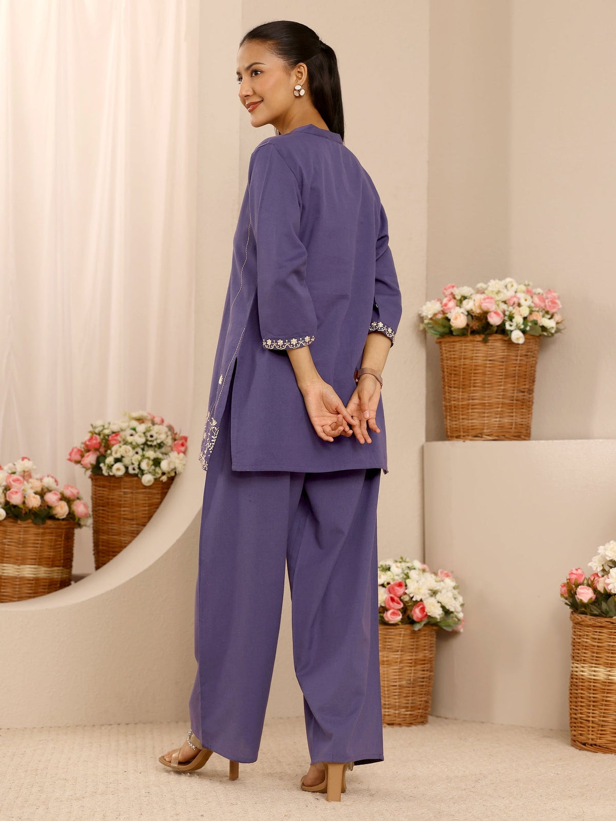 Libas Purple Floral Embroidered Cotton Blend Co-Ord Set CO87