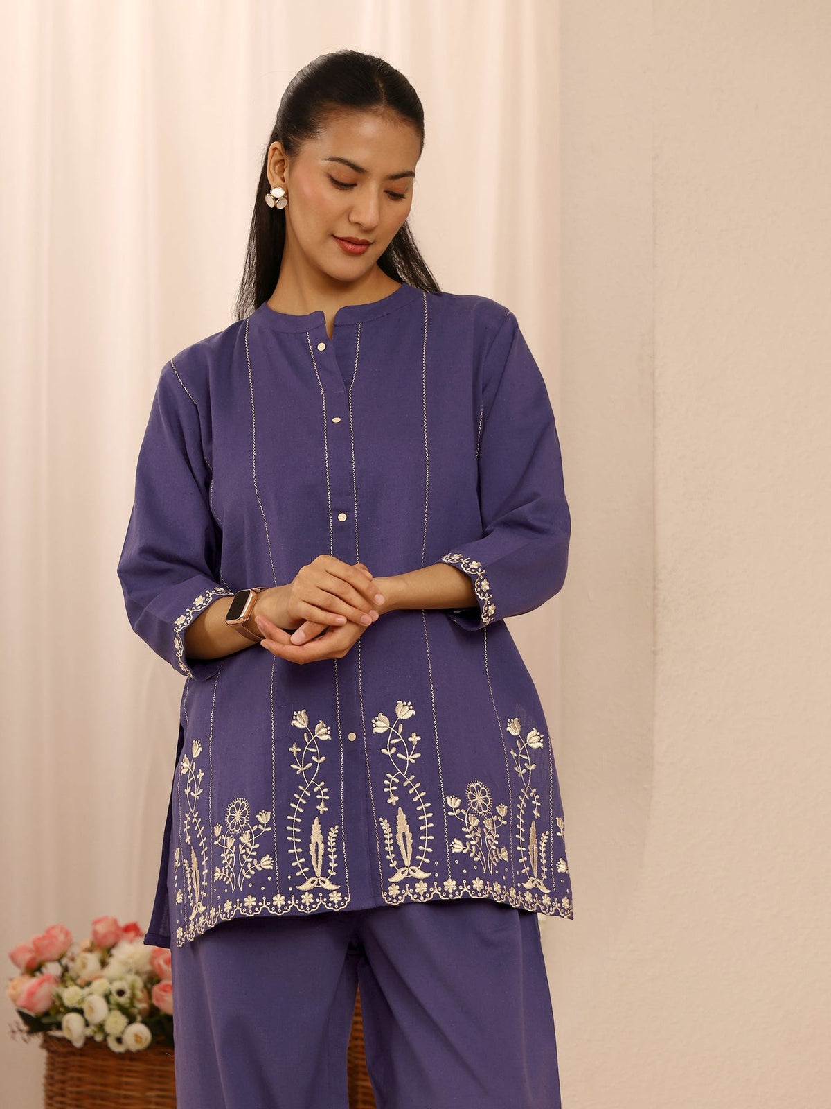 Libas Purple Floral Embroidered Cotton Blend Co-Ord Set CO87