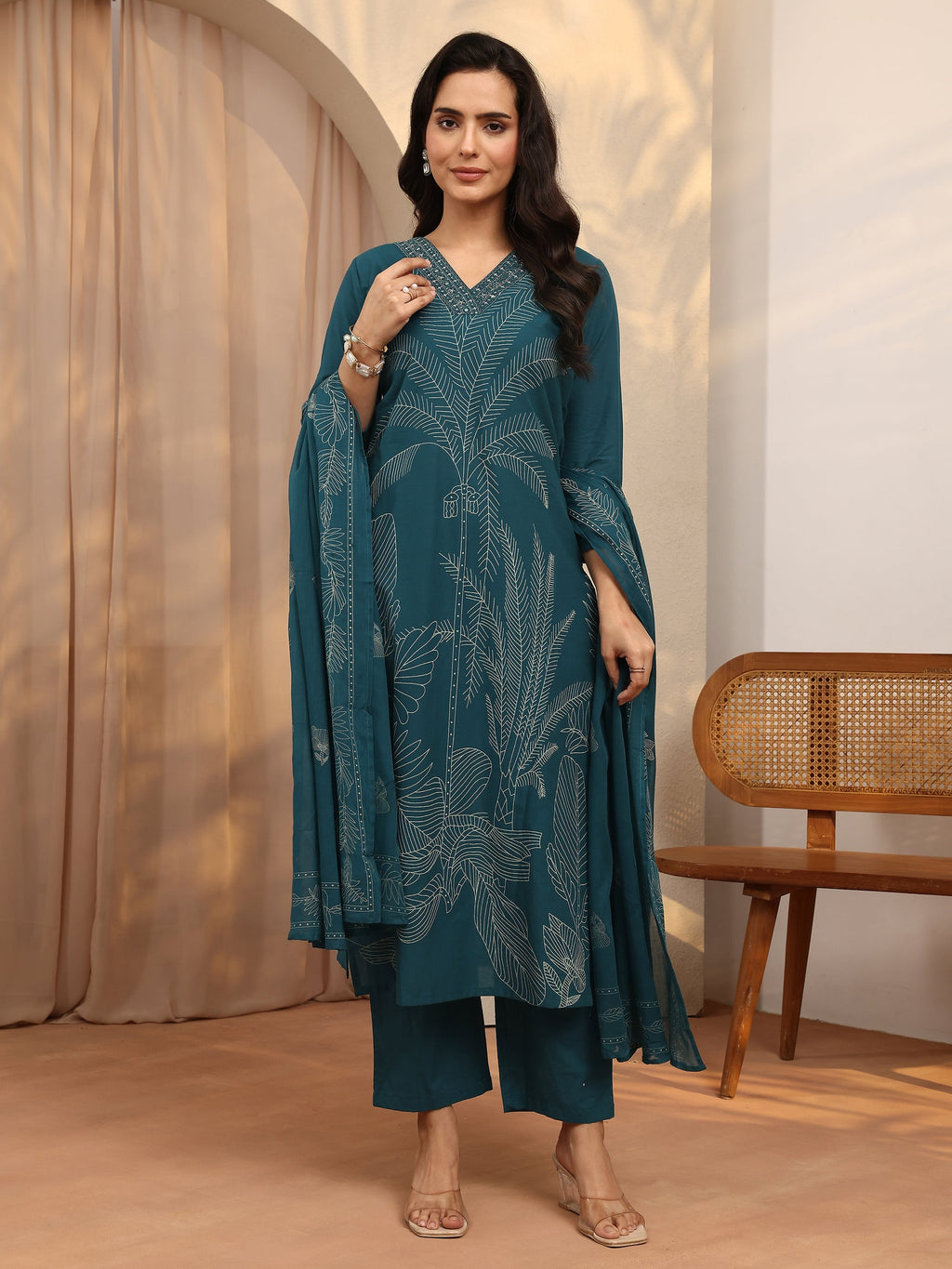 Libas Teal Printed Cotton Straight Suit Set With Dupatta