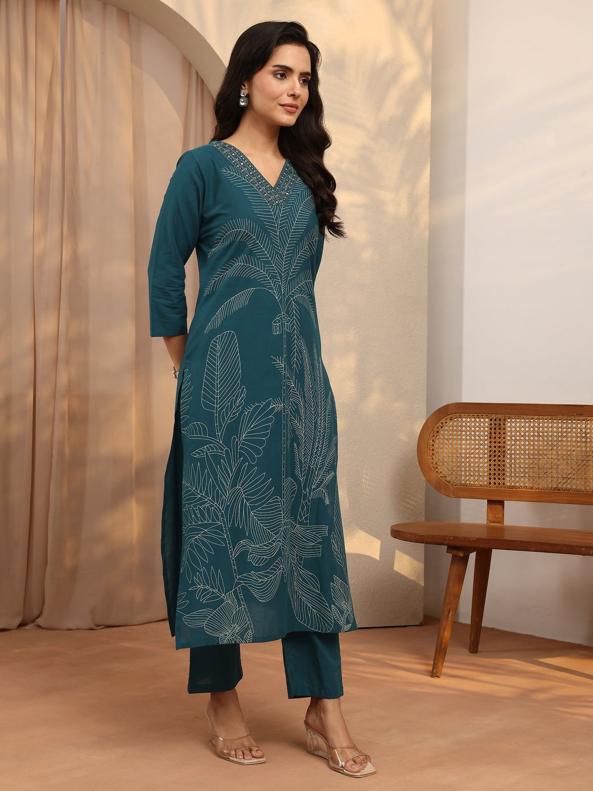 Libas Teal Printed Cotton Straight Suit Set With Dupatta KS67