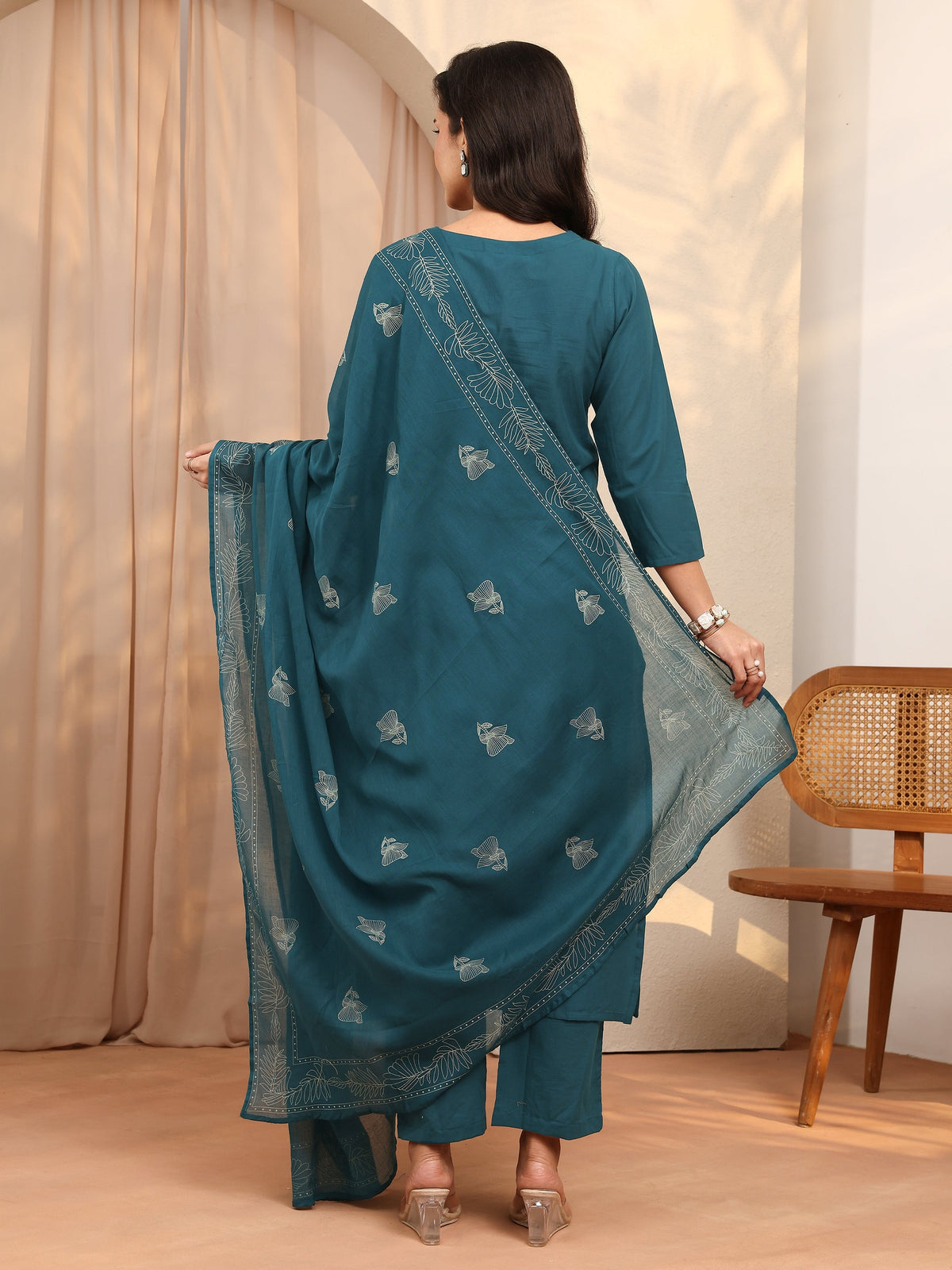 Libas Teal Printed Cotton Straight Suit Set With Dupatta