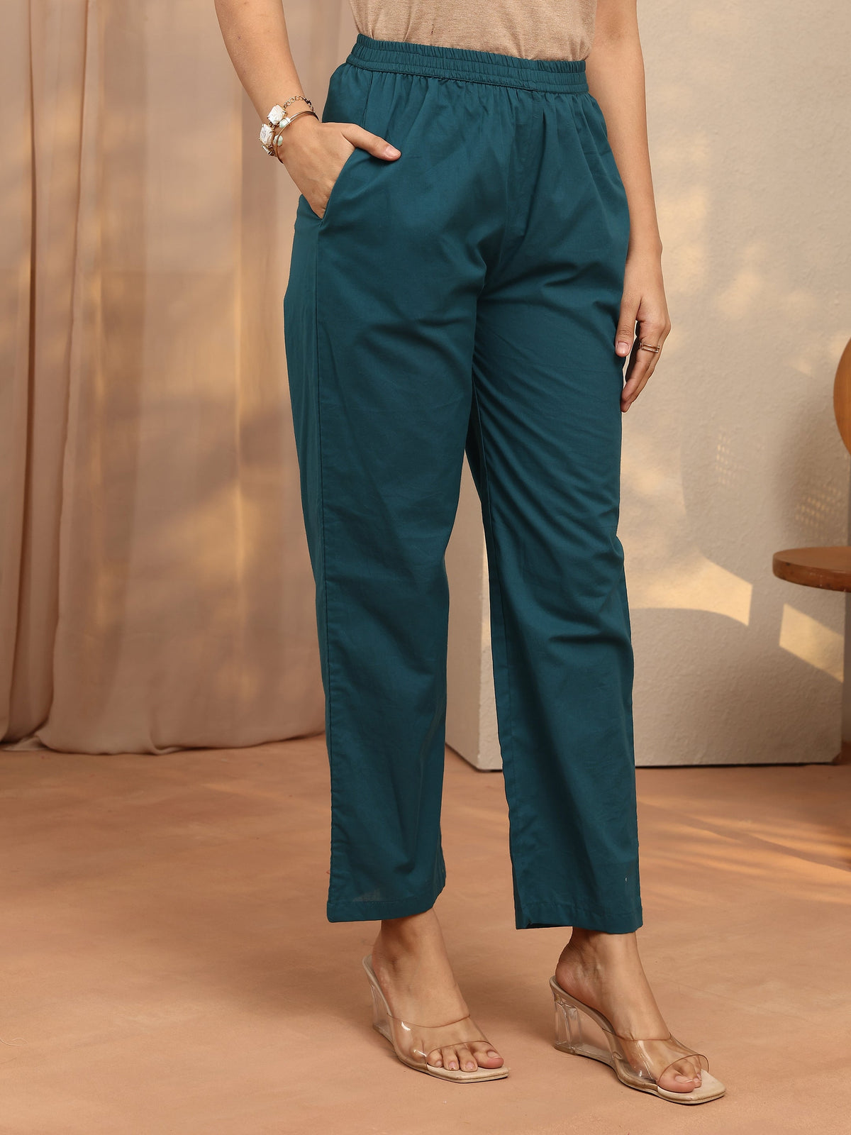 Libas Teal Printed Cotton Straight Suit Set With Dupatta