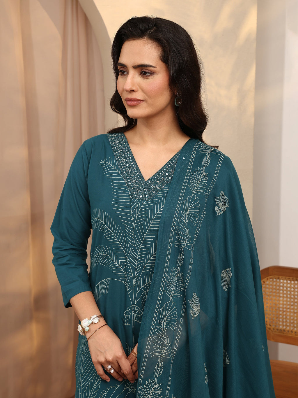 Libas Teal Printed Cotton Straight Suit Set With Dupatta