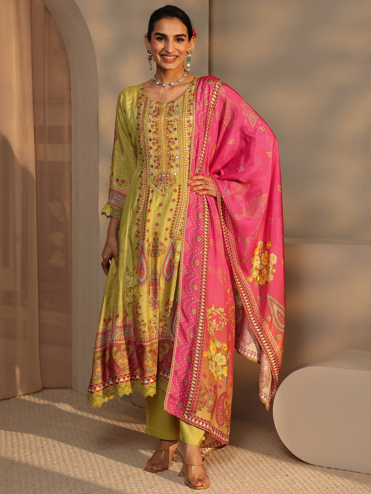 Libas Multi Floral Silk Blend A-Line Suit Set With Dupatta
