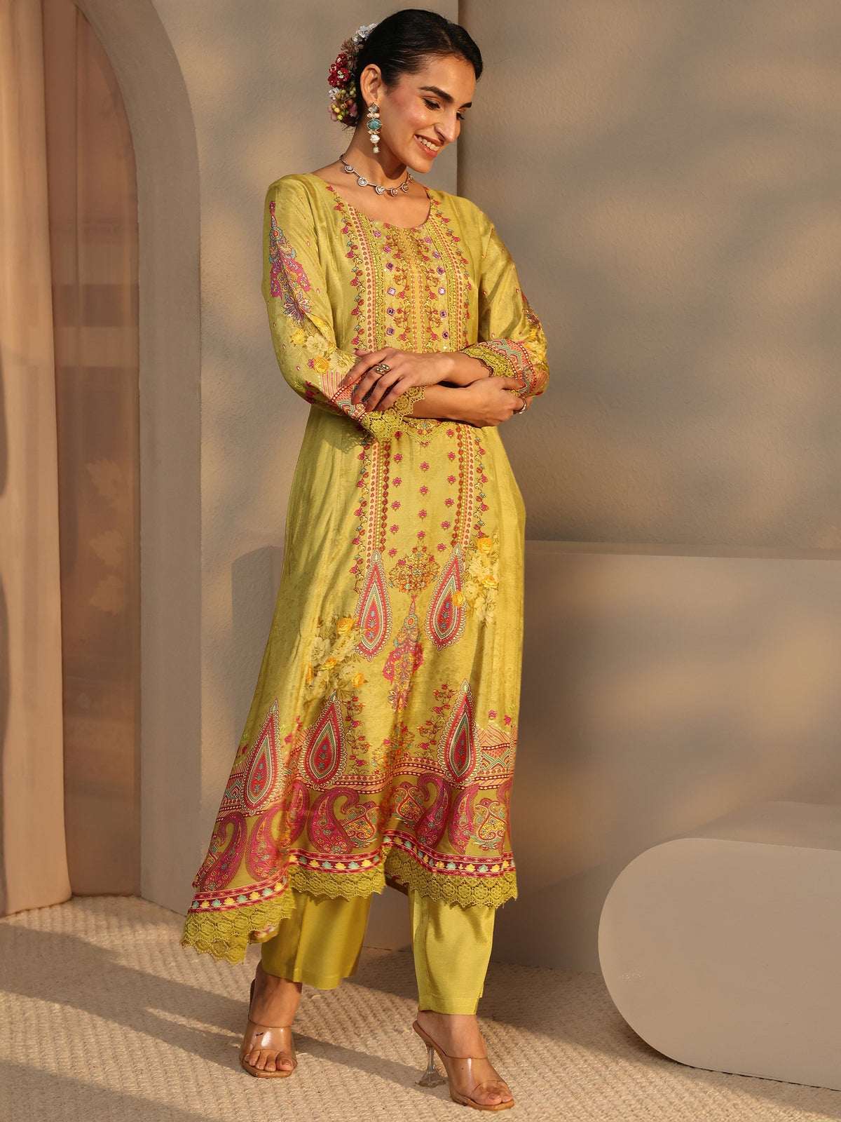 Libas Multi Floral Silk Blend A-Line Suit Set With Dupatta