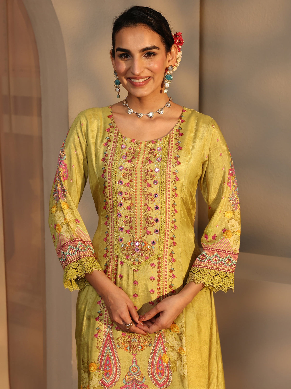 Libas Multi Floral Silk Blend A-Line Suit Set With Dupatta