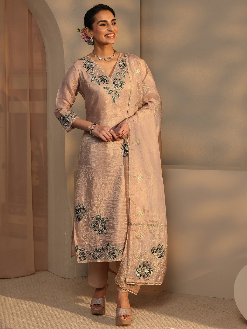 Libas Beige Floral Embroidered Organza Straight Suit Set With Dupatta