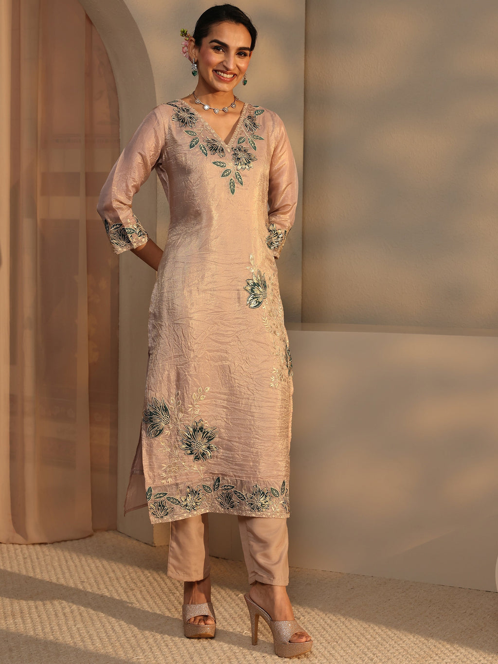 Libas Beige Floral Embroidered Organza Straight Suit Set With Dupatta