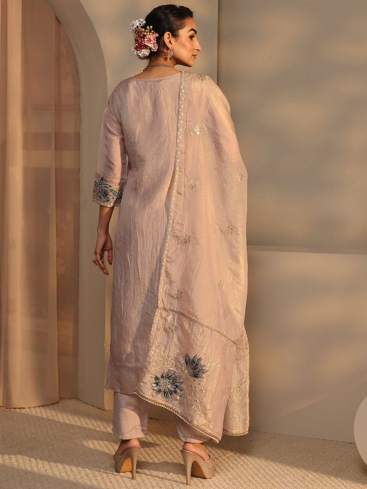 Libas Beige Floral Embroidered Organza Straight Suit Set With Dupatta
