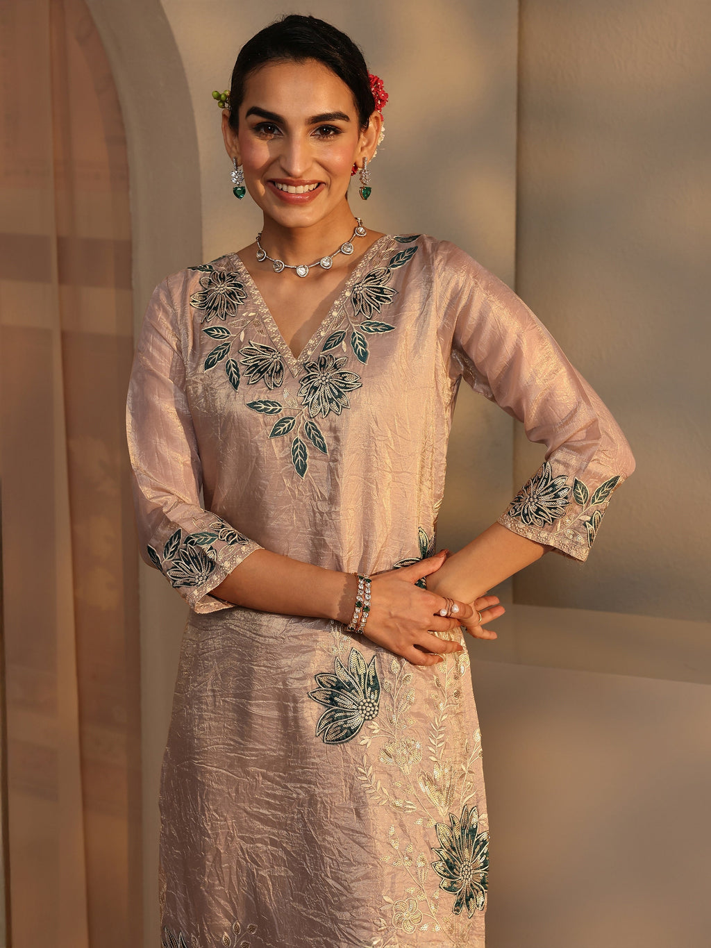 Libas Beige Floral Embroidered Organza Straight Suit Set With Dupatta