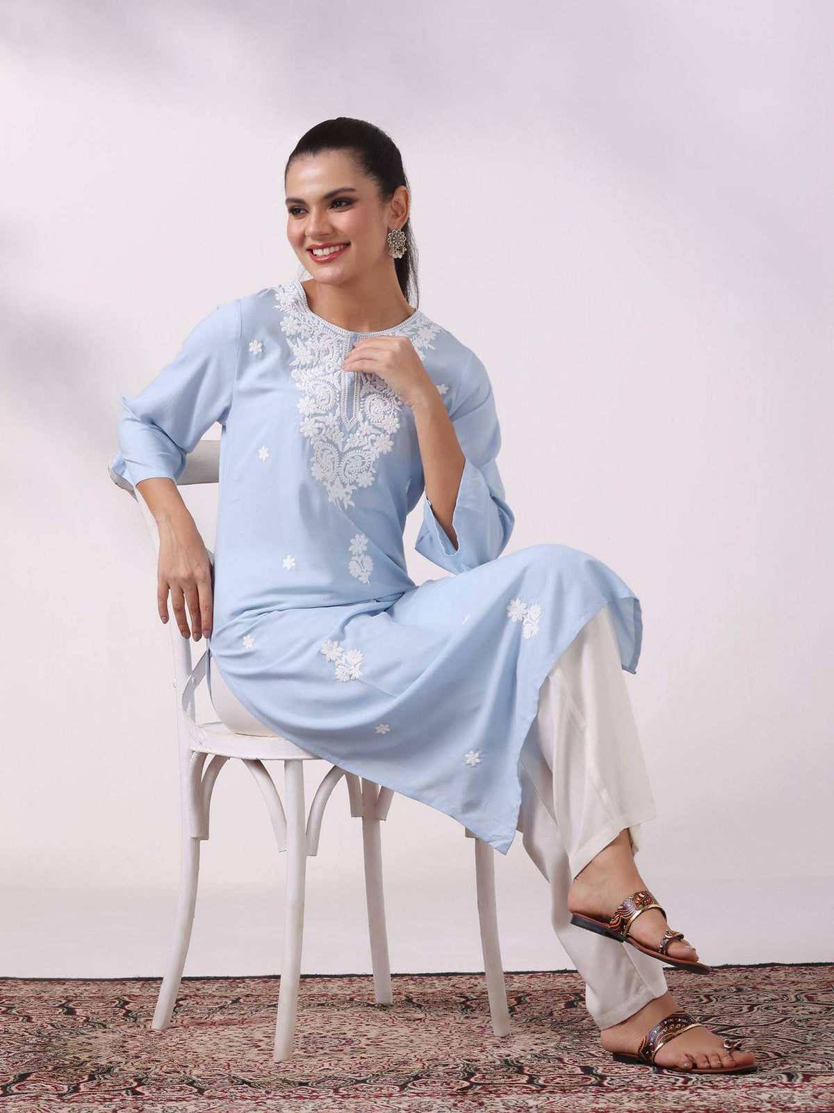Women Liva Blue Embroidered Kurta | U3S - view 1