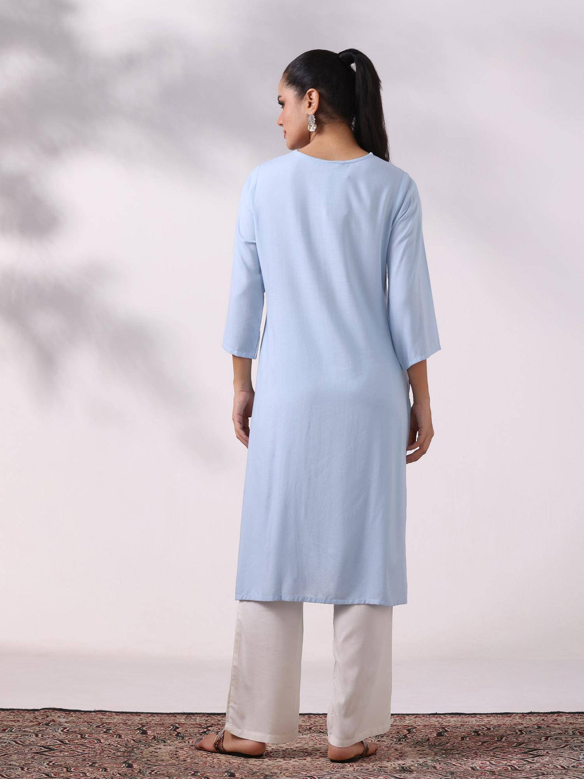 Women Liva Blue Embroidered Kurta | KDG - view 2