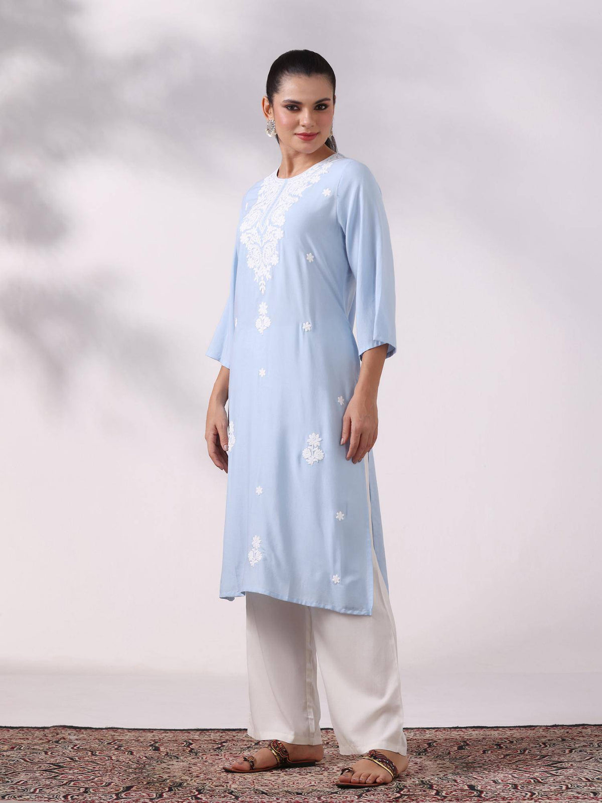 Women Liva Blue Embroidered Kurta | KDG - view 3