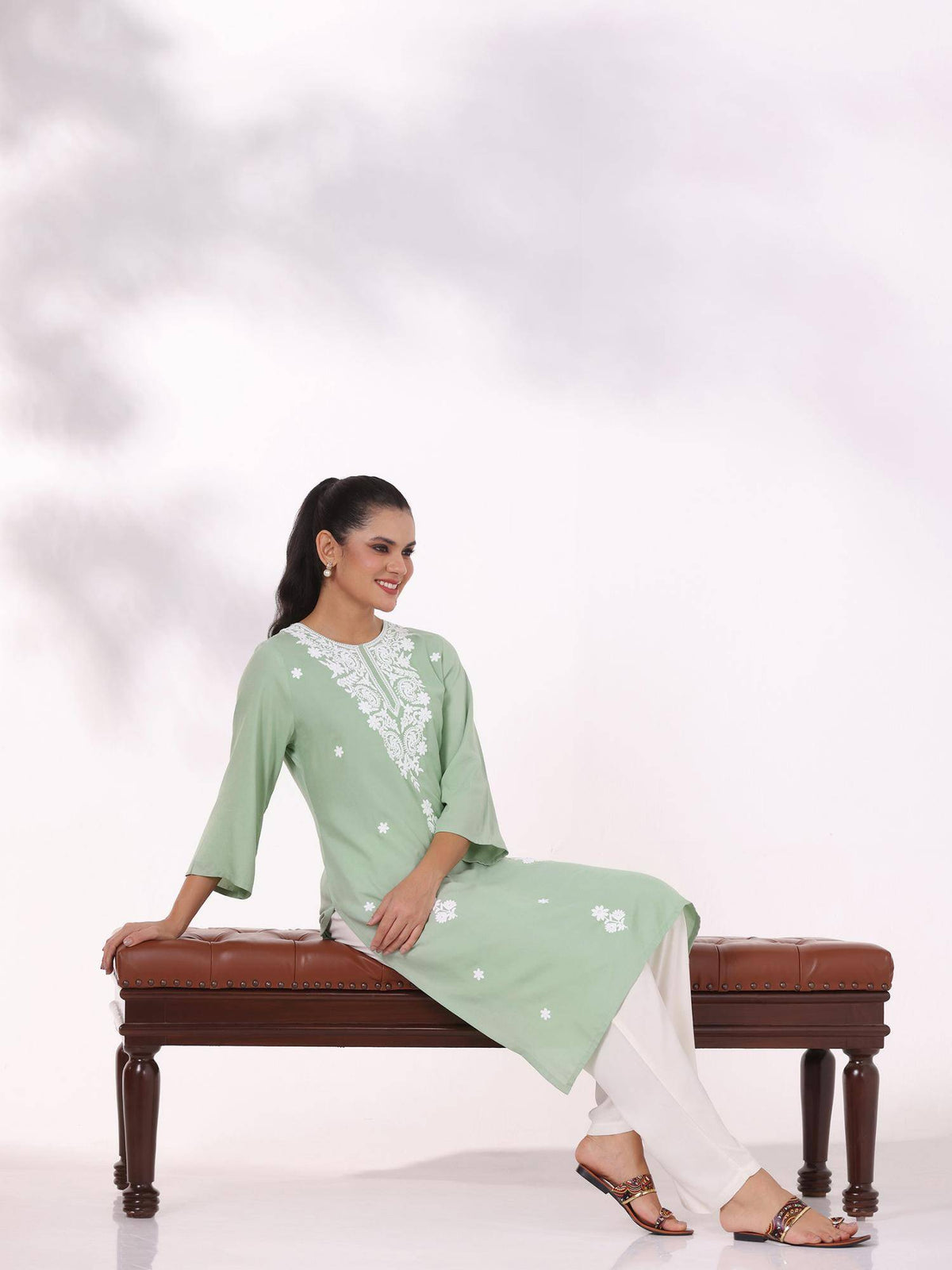 Women Liva Blue Embroidered Kurta | KDG - view 7