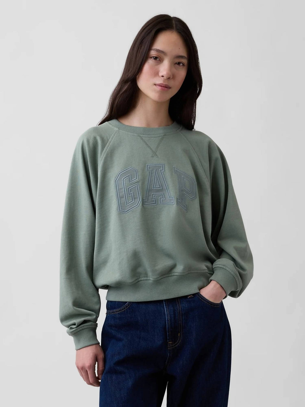 Green Logo Print Crew Neck Raglan Relaxed Sweatshirt | HD56 - view 1