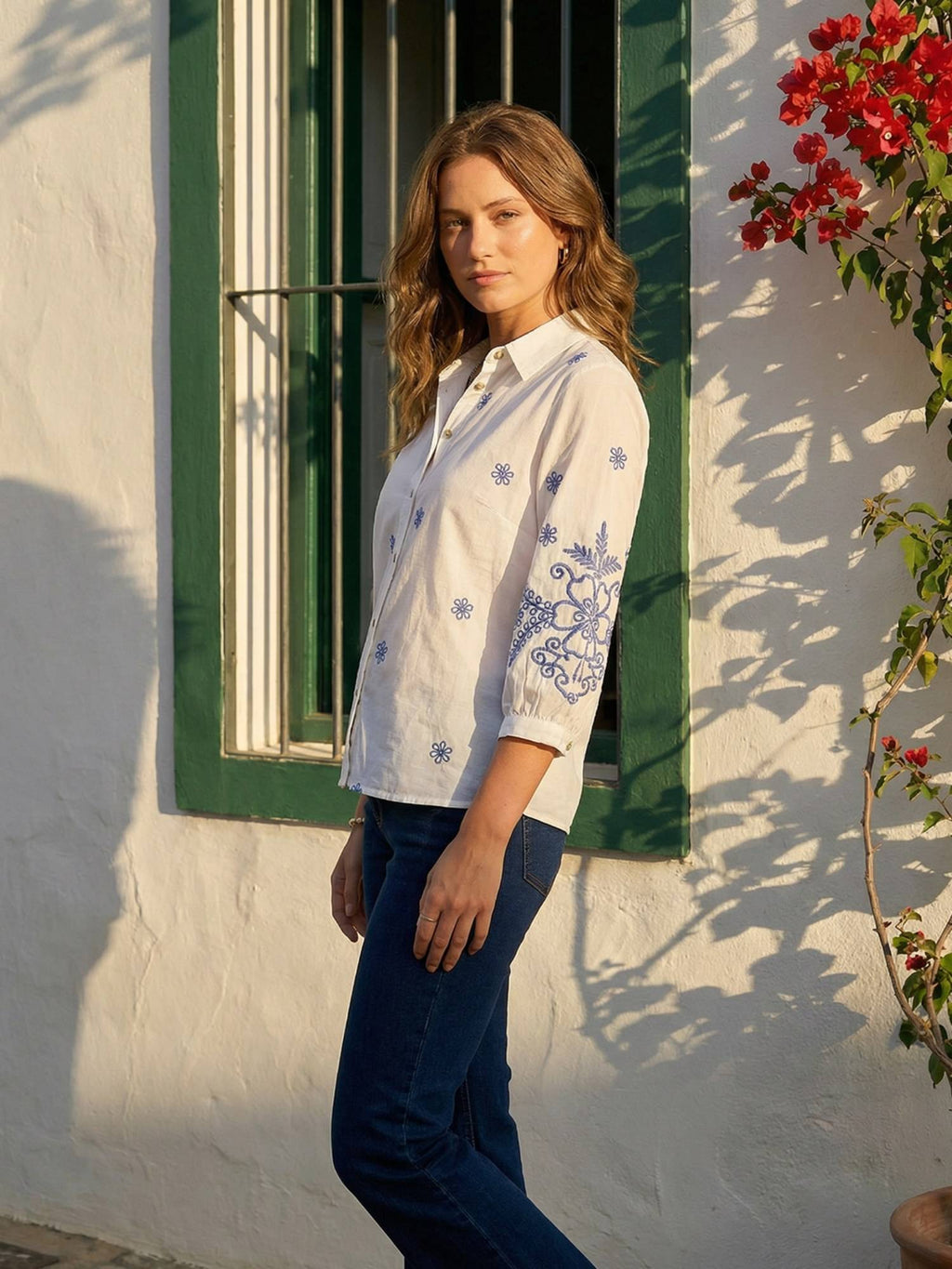Cotton White Floral Embroidered Shirt | S67 - view 4